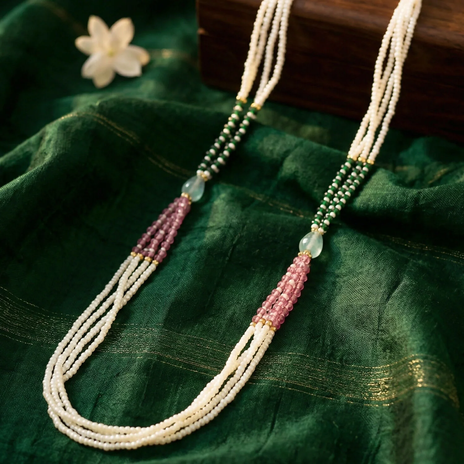 Elegant Multi-Layer Pearl Beaded Necklace with Green, Pink & Pastel Stone Accents - Image 5