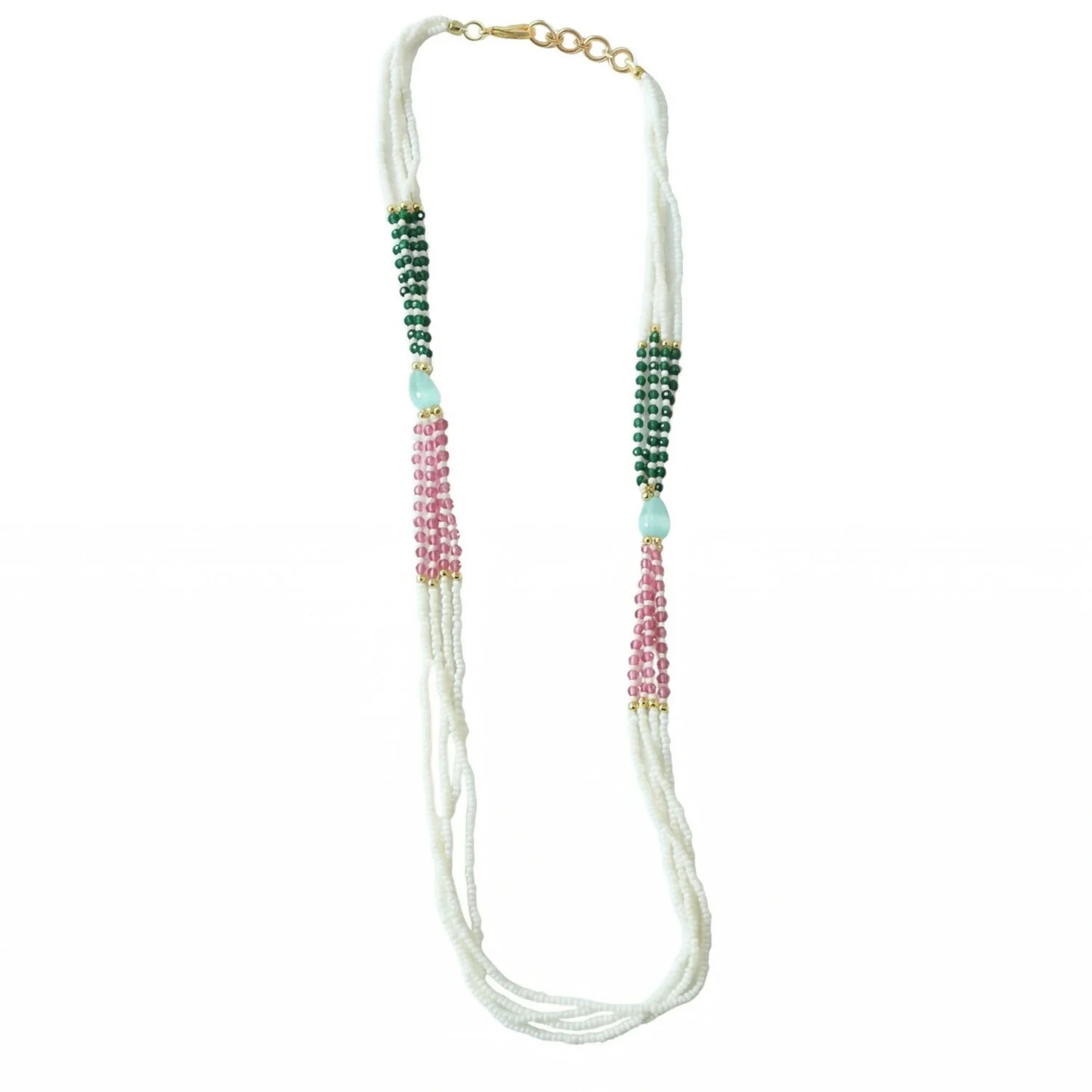 Elegant Multi-Layer Pearl Beaded Necklace with Green, Pink & Pastel Stone Accents - Image 6