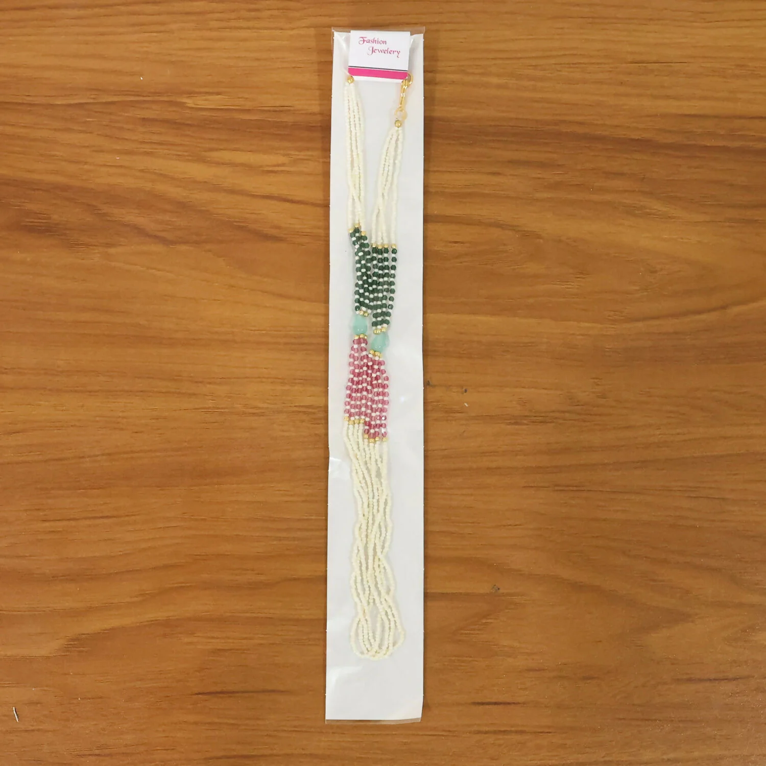 Elegant Multi-Layer Pearl Beaded Necklace with Green, Pink & Pastel Stone Accents - Image 7
