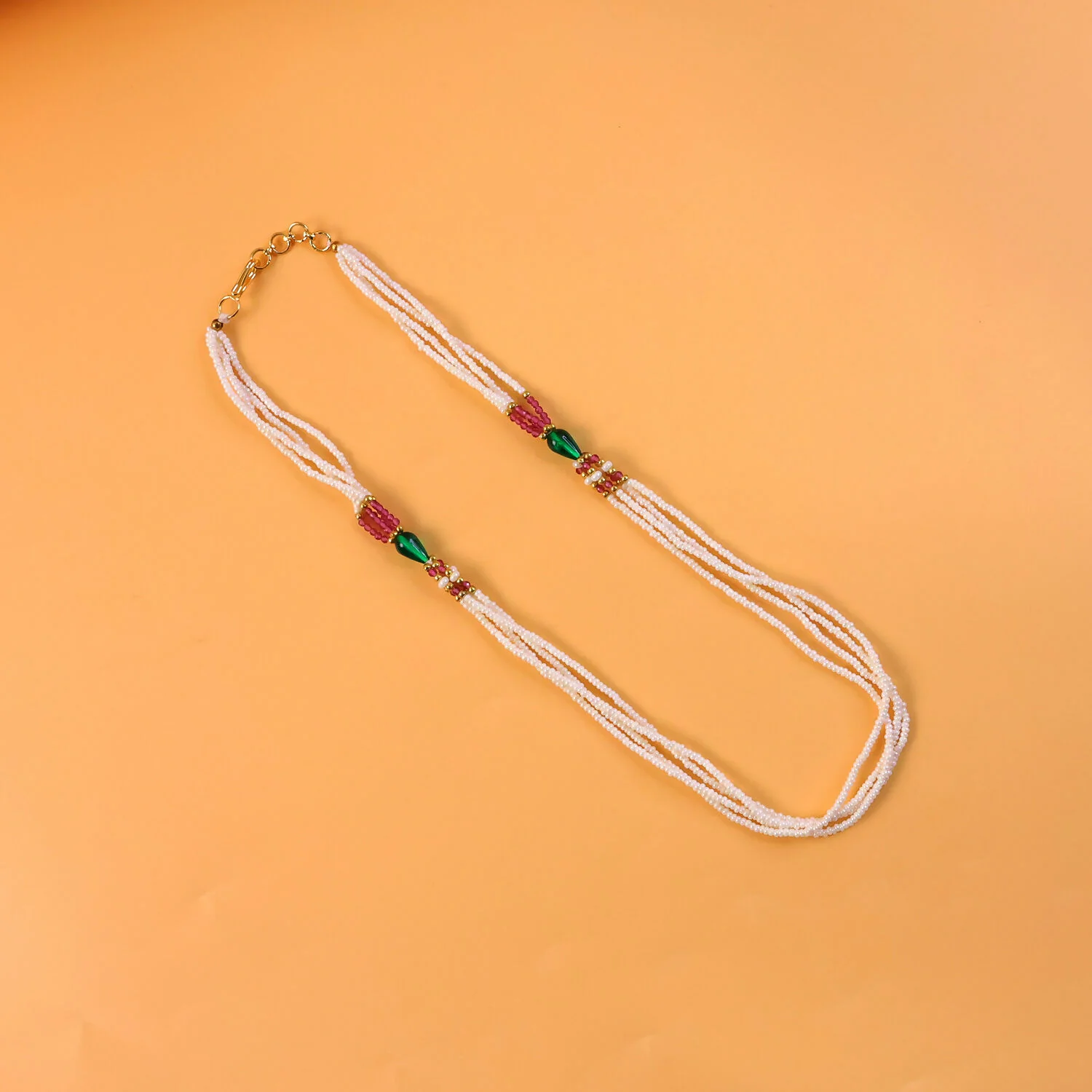 Elegant Multi-Layer Pearl Beaded Necklace with Pink & Green Accent Detailing - Image 2