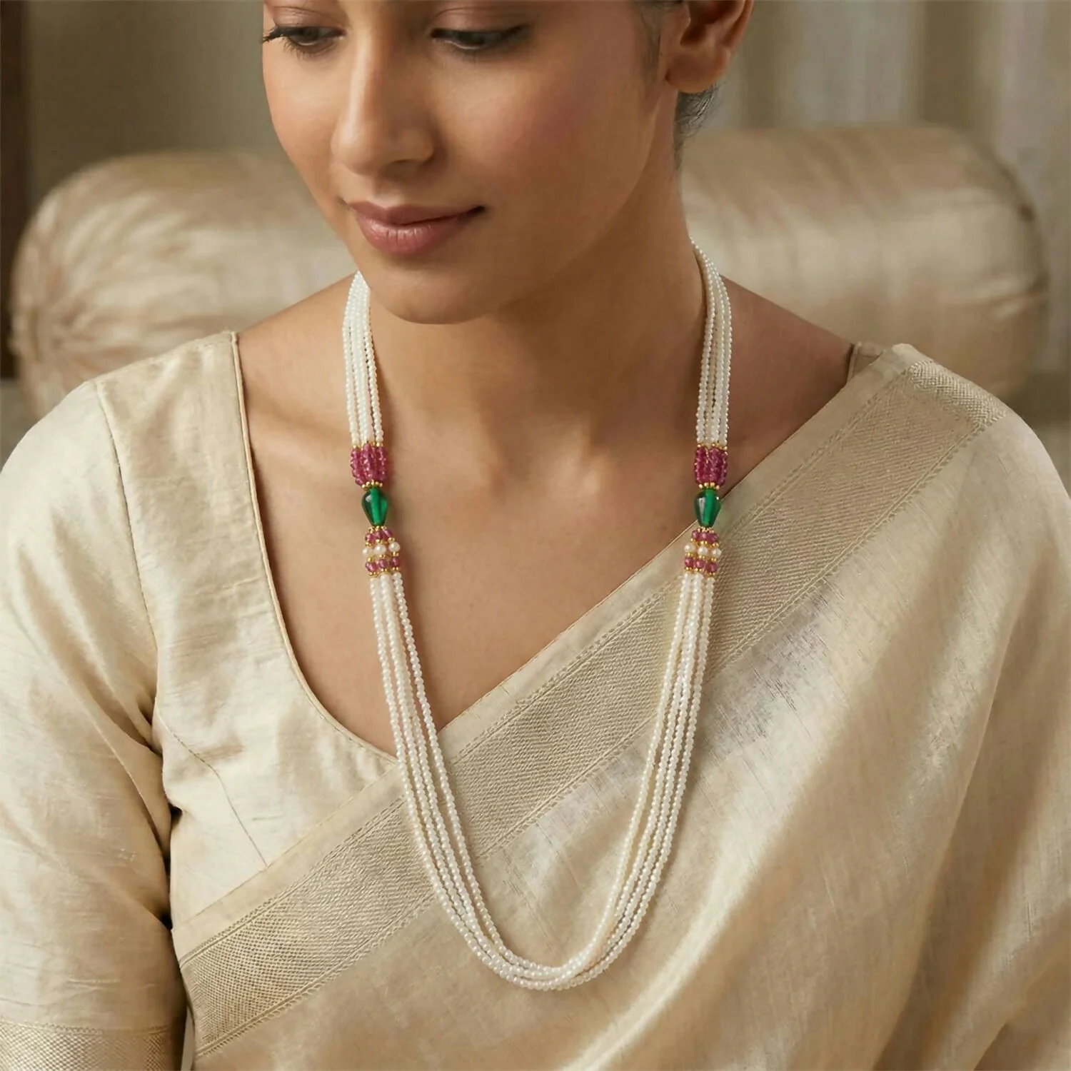 Elegant Multi-Layer Pearl Beaded Necklace with Pink & Green Accent Detailing - Image 3