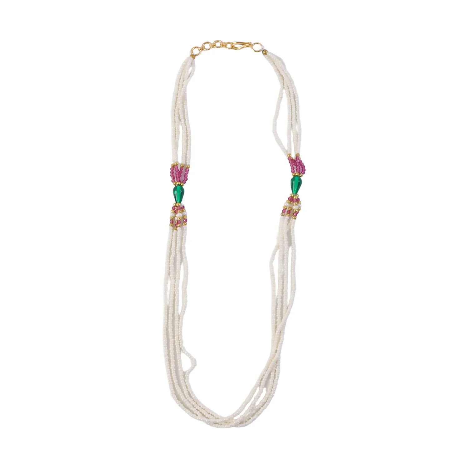 Elegant Multi-Layer Pearl Beaded Necklace with Pink & Green Accent Detailing - Image 4