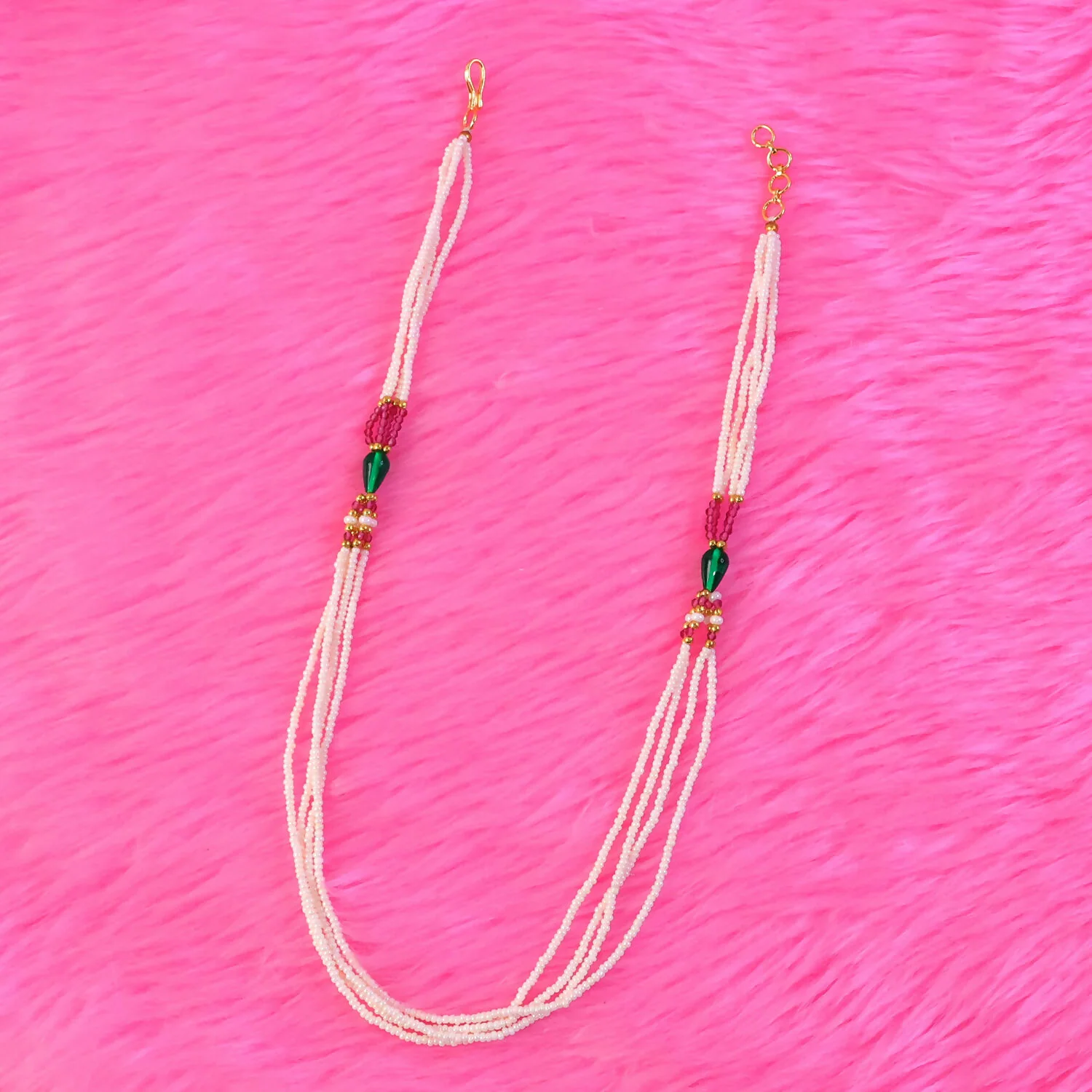 Elegant Multi-Layer Pearl Beaded Necklace with Pink & Green Accent Detailing - Image 5