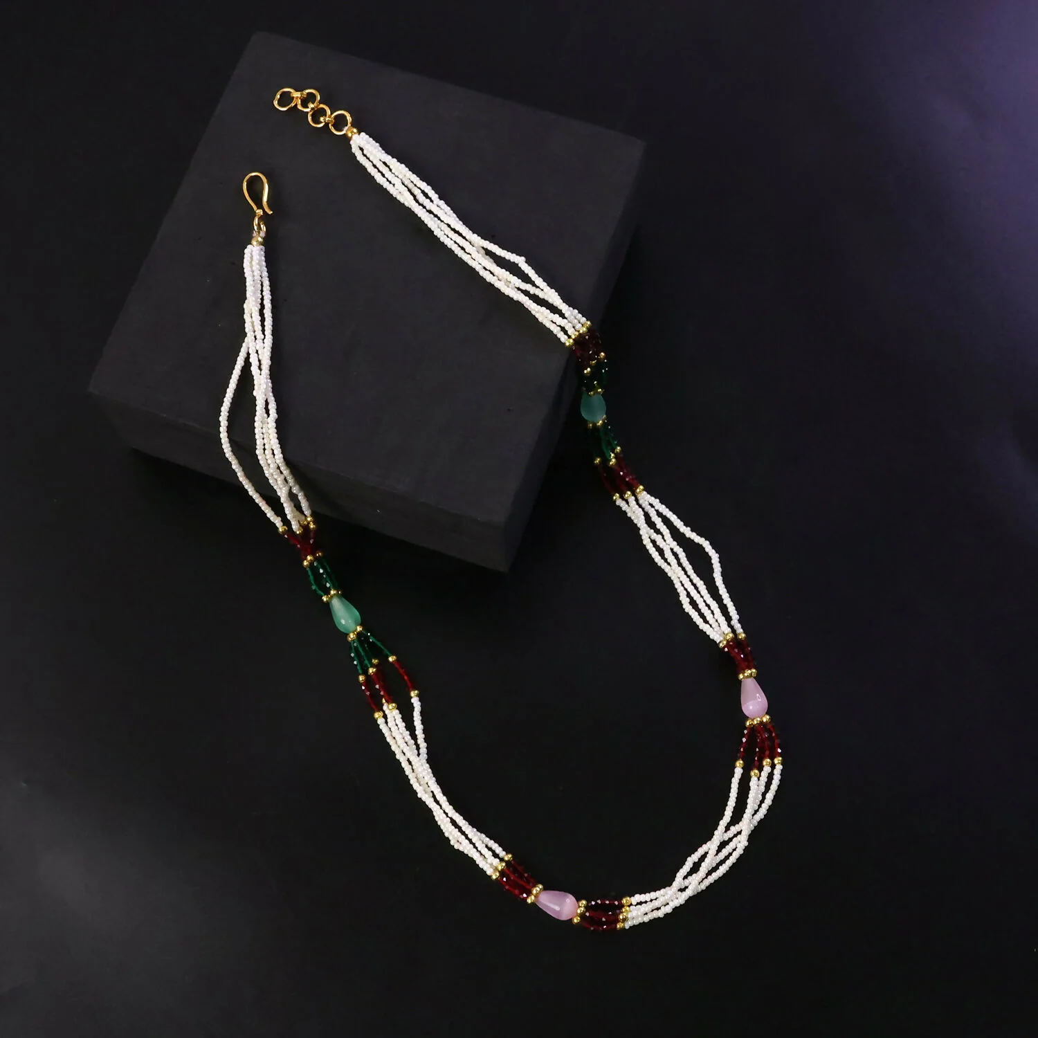 Elegant Multi-Layer Pearl Beaded Necklace with Red, Green & Pastel Stone Accents - Image 2