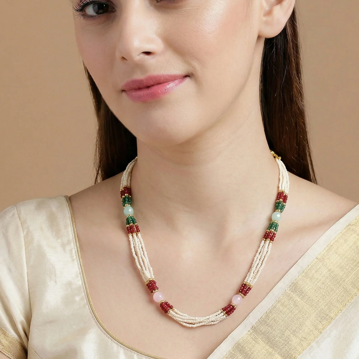 Elegant Multi-Layer Pearl Beaded Necklace with Red, Green & Pastel Stone Accents - Image 3