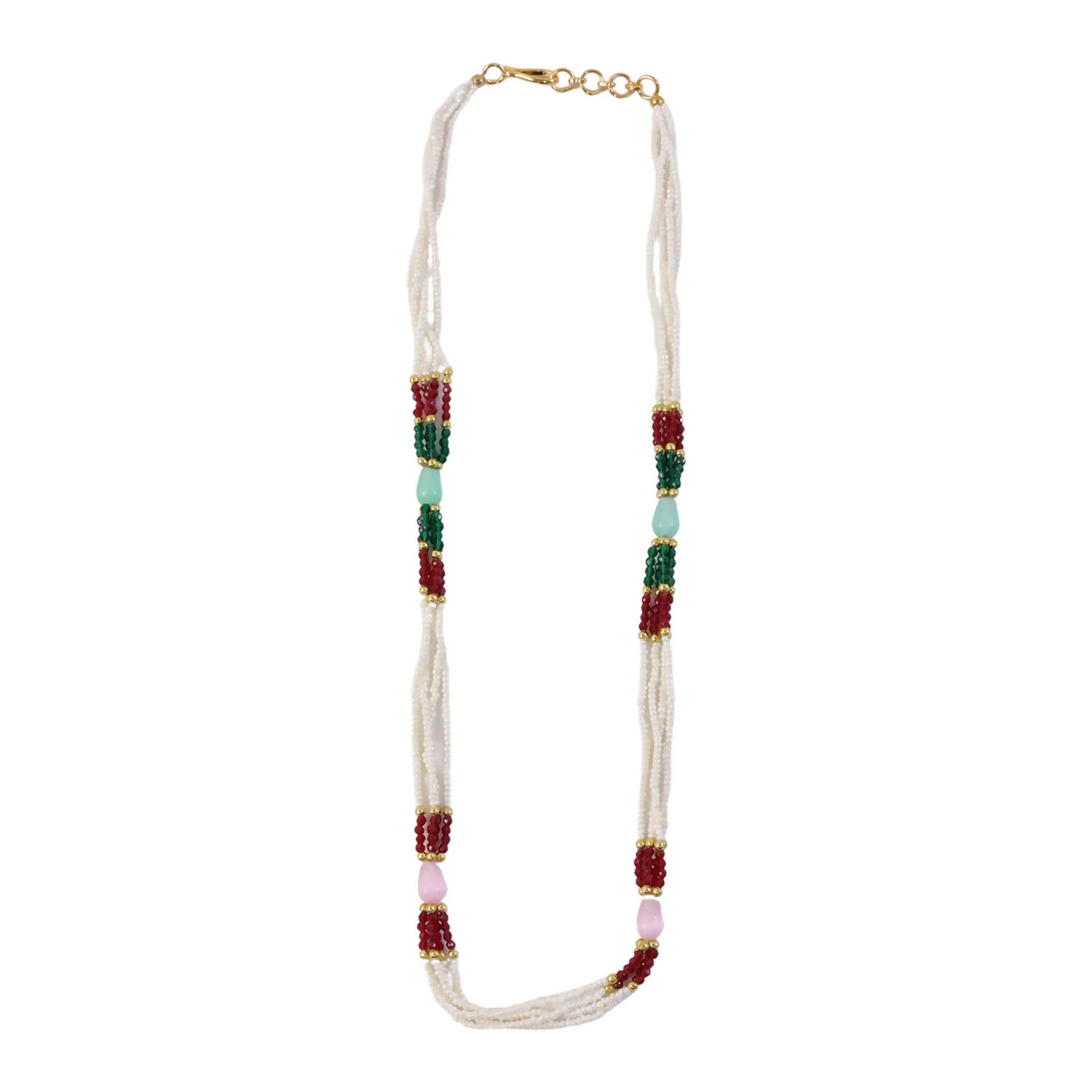 Elegant Multi-Layer Pearl Beaded Necklace with Red, Green & Pastel Stone Accents - Image 4