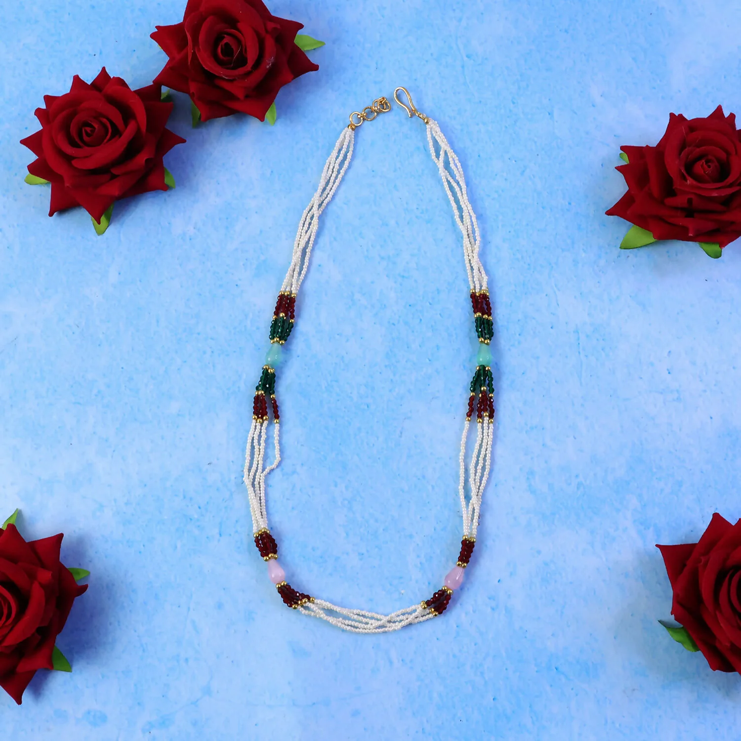 Elegant Multi-Layer Pearl Beaded Necklace with Red, Green & Pastel Stone Accents - Image 5