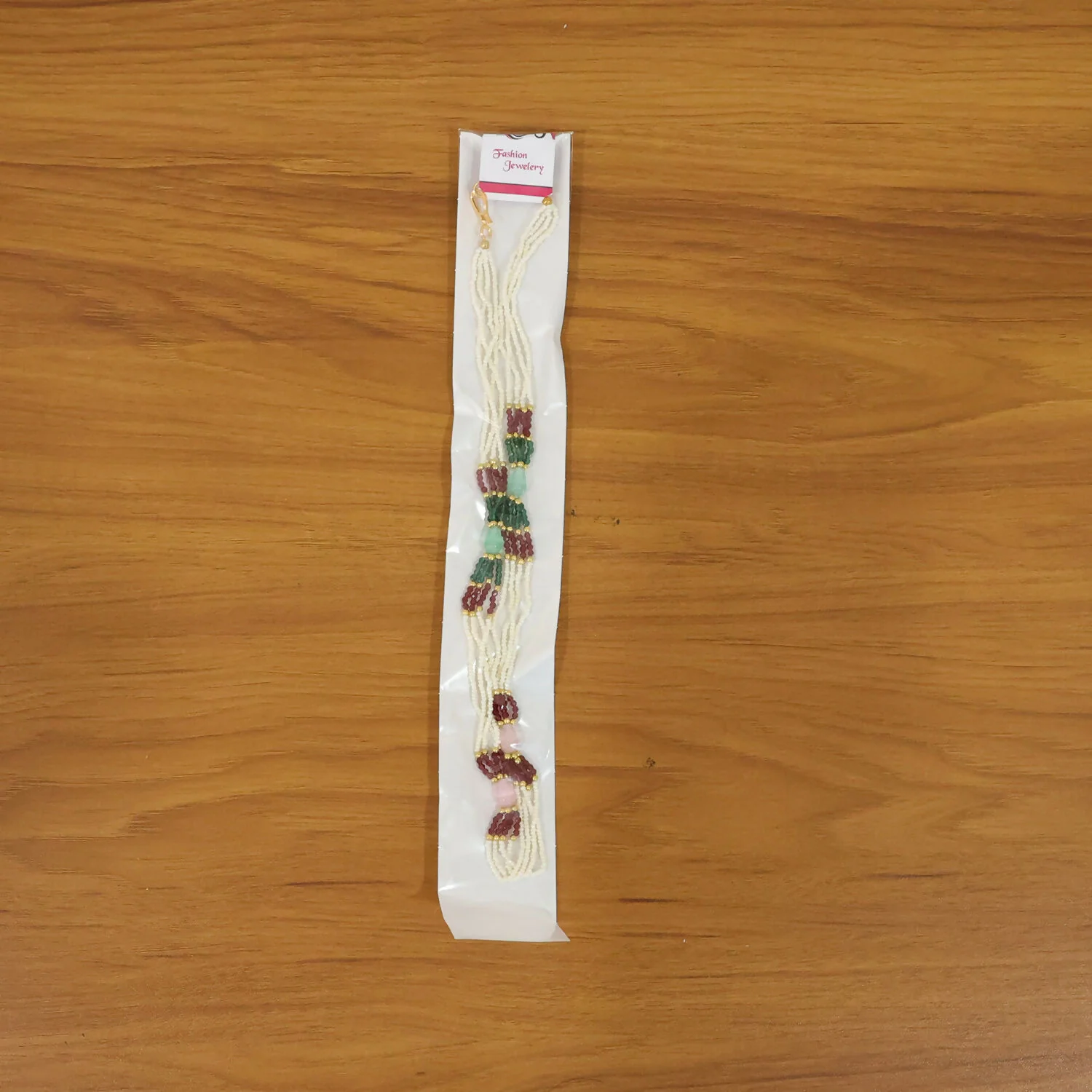 Elegant Multi-Layer Pearl Beaded Necklace with Red, Green & Pastel Stone Accents - Image 6