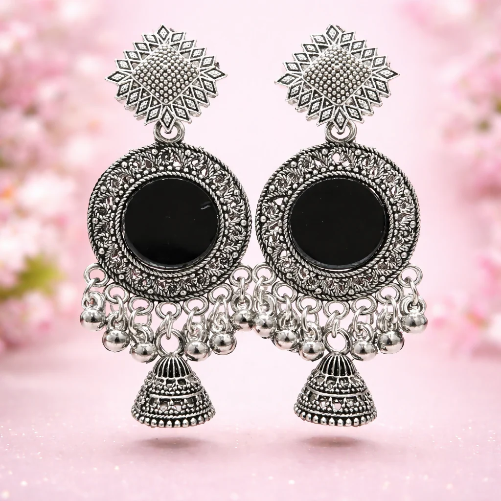 ELEGANT OXIDISED MIRROR JHUMKA EARRINGS - Image 2