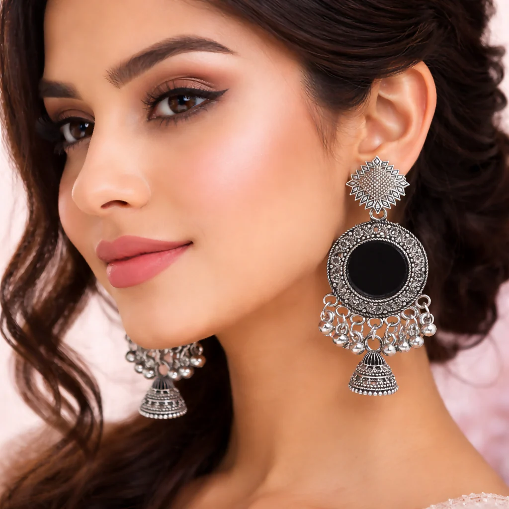 ELEGANT OXIDISED MIRROR JHUMKA EARRINGS - Image 3