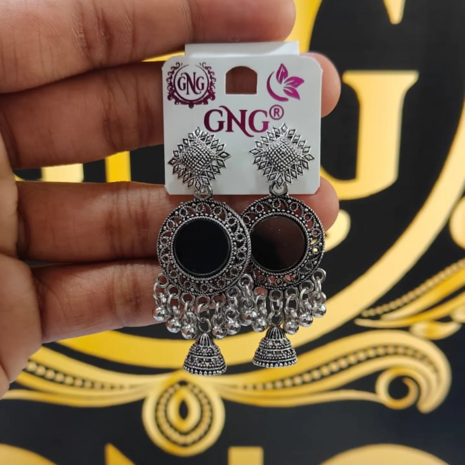 ELEGANT OXIDISED MIRROR JHUMKA EARRINGS - Image 4