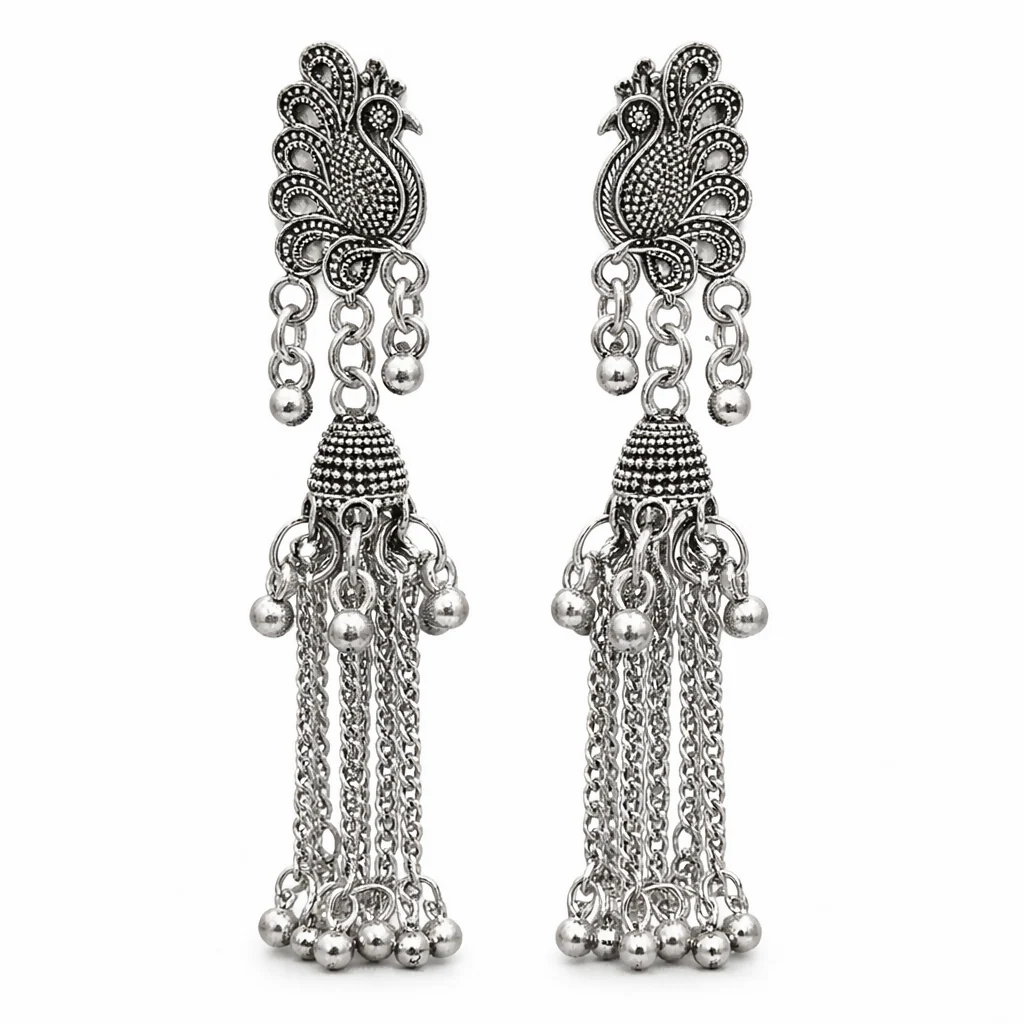 ELEGANT OXIDISED PEACOCK LONG CHAIN JHUMKA EARRINGS - Image 2
