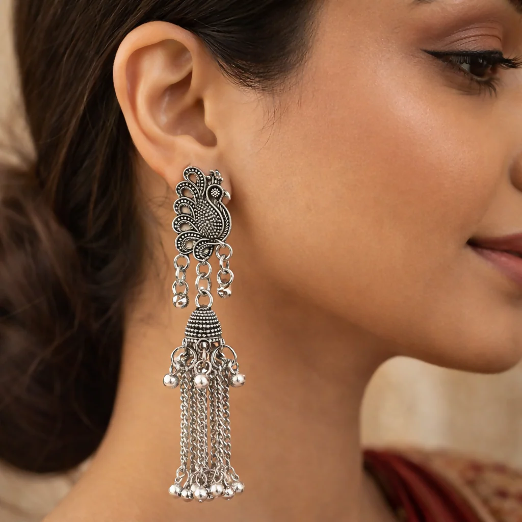 ELEGANT OXIDISED PEACOCK LONG CHAIN JHUMKA EARRINGS - Image 3