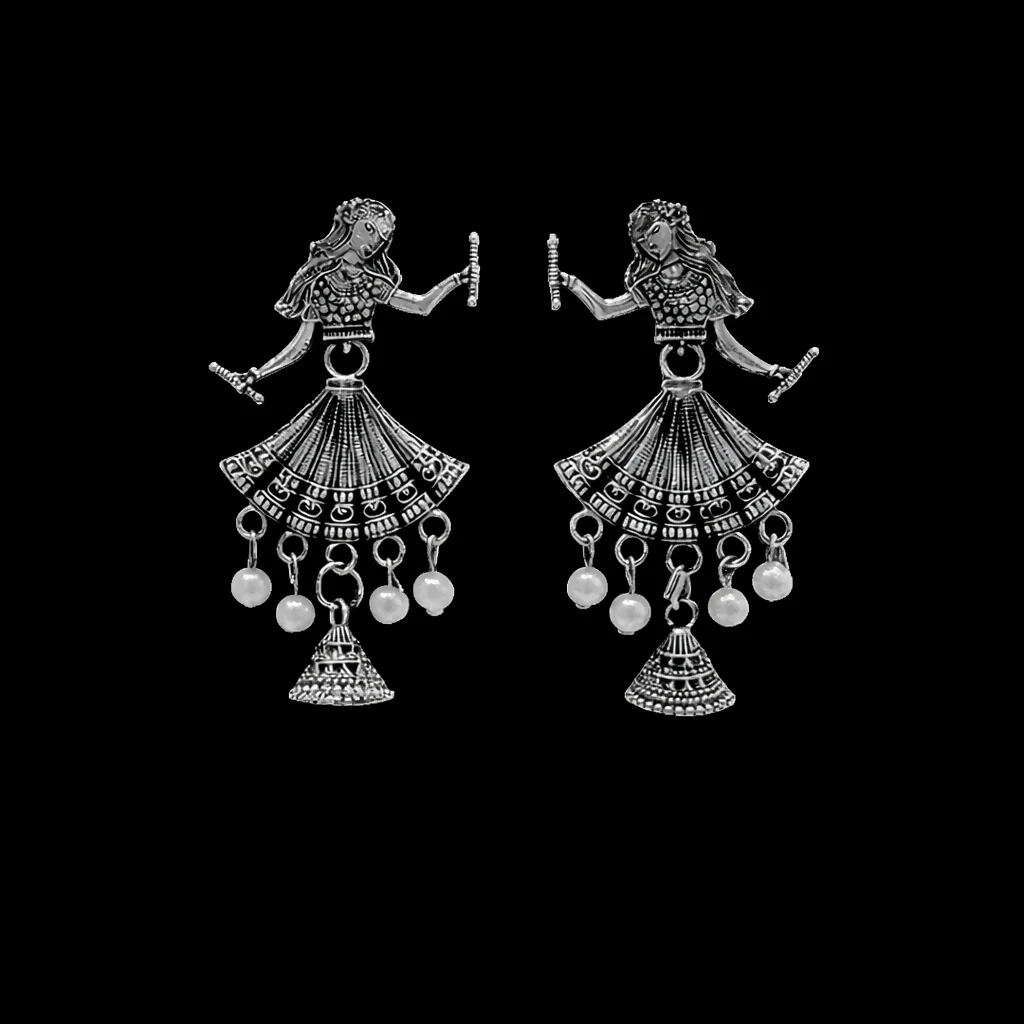 Elegant Oxidised Silver Doll Jhumka Earrings - Image 3