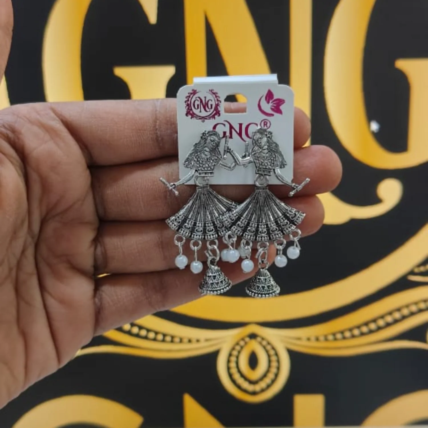 Elegant Oxidised Silver Doll Jhumka Earrings - Image 4
