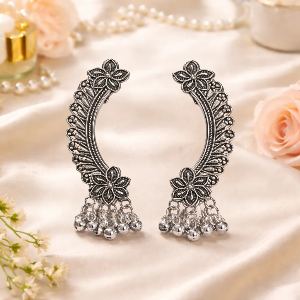 Elegant Oxidised Silver Ear Cuff Earrings with Ghungroo for Women - Image 2