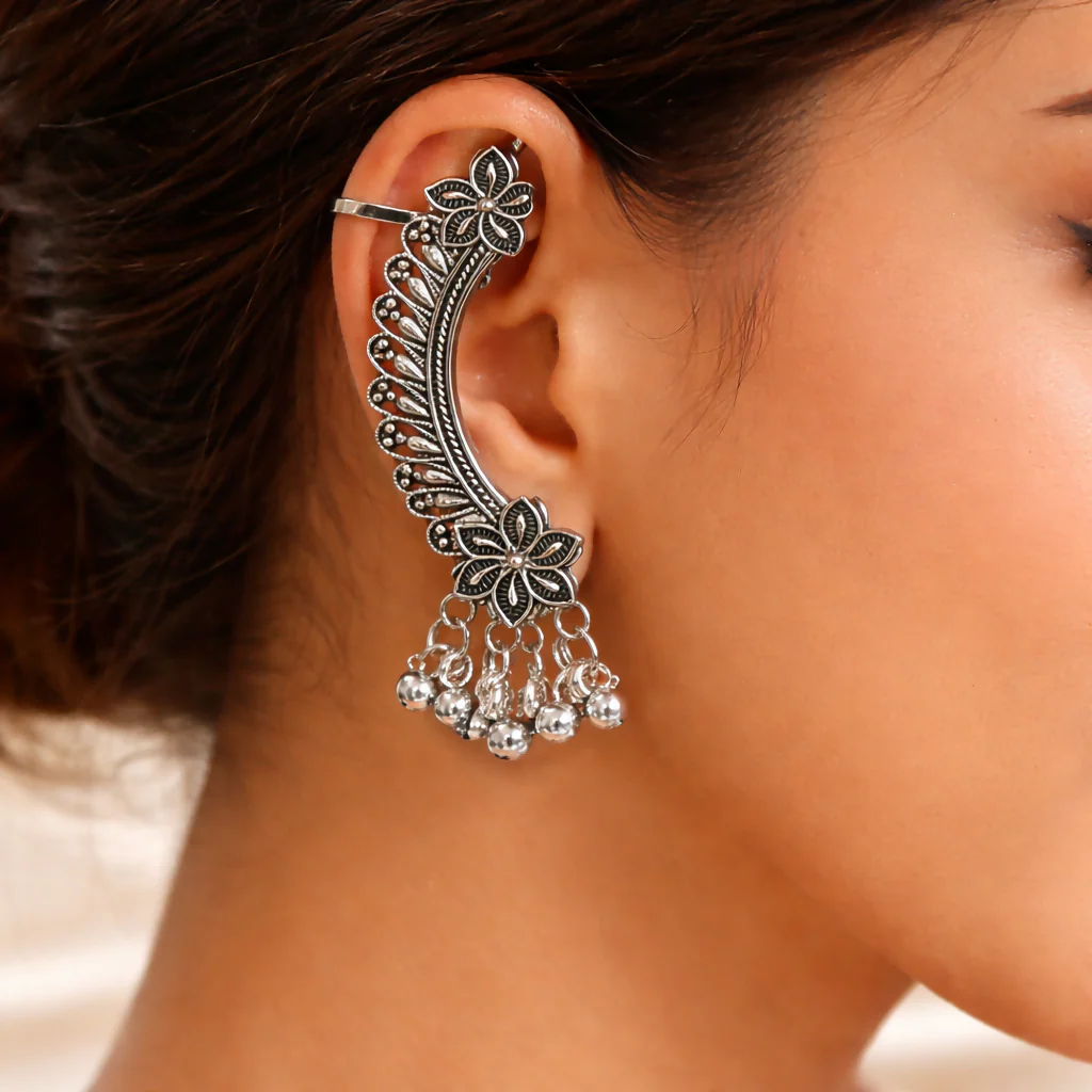 Elegant Oxidised Silver Ear Cuff Earrings with Ghungroo for Women - Image 3