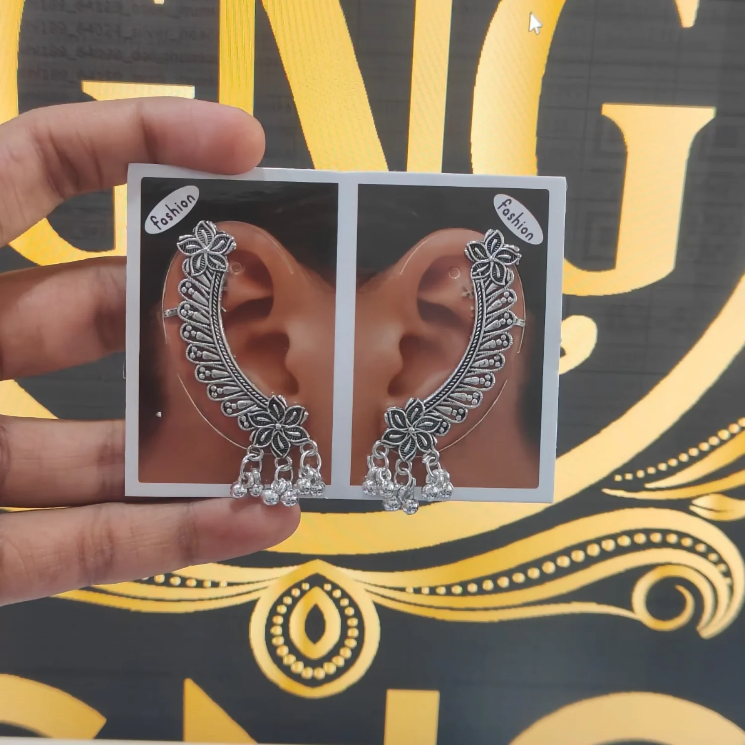 Elegant Oxidised Silver Ear Cuff Earrings with Ghungroo for Women - Image 4