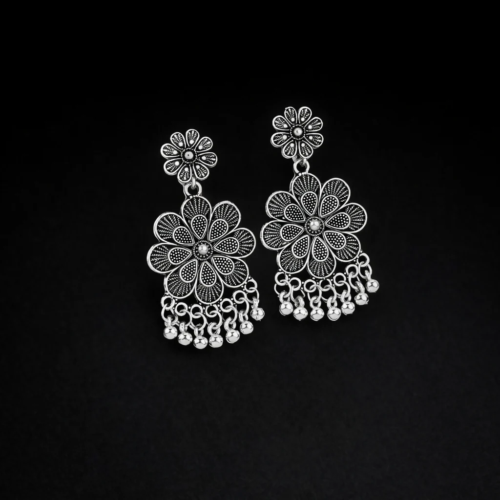 Elegant Oxidised Silver Jhumka Earings With Layered Floral Design - Image 3