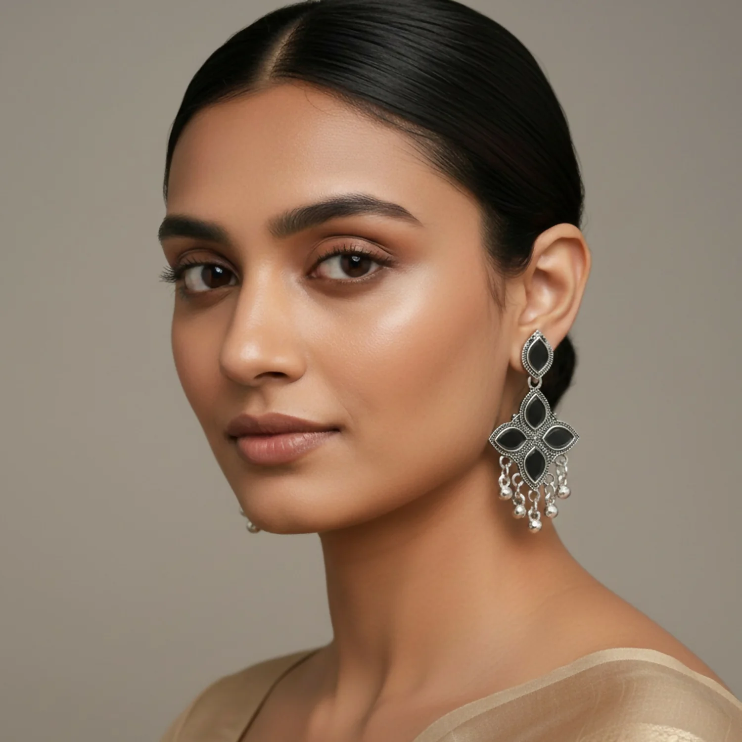 Elegant Oxidised Silver Mirror Jhumka Earings - Image 2