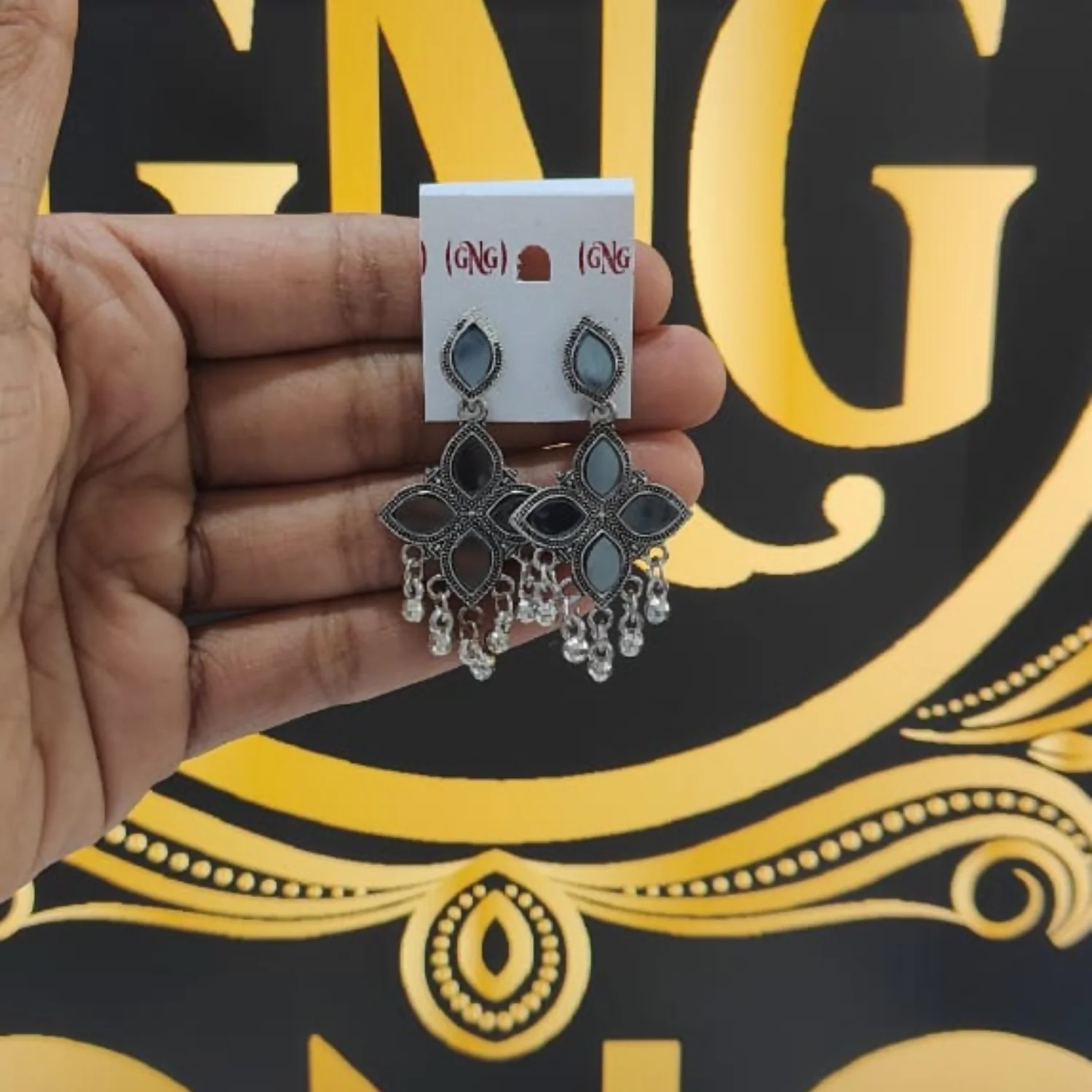 Elegant Oxidised Silver Mirror Jhumka Earings - Image 4