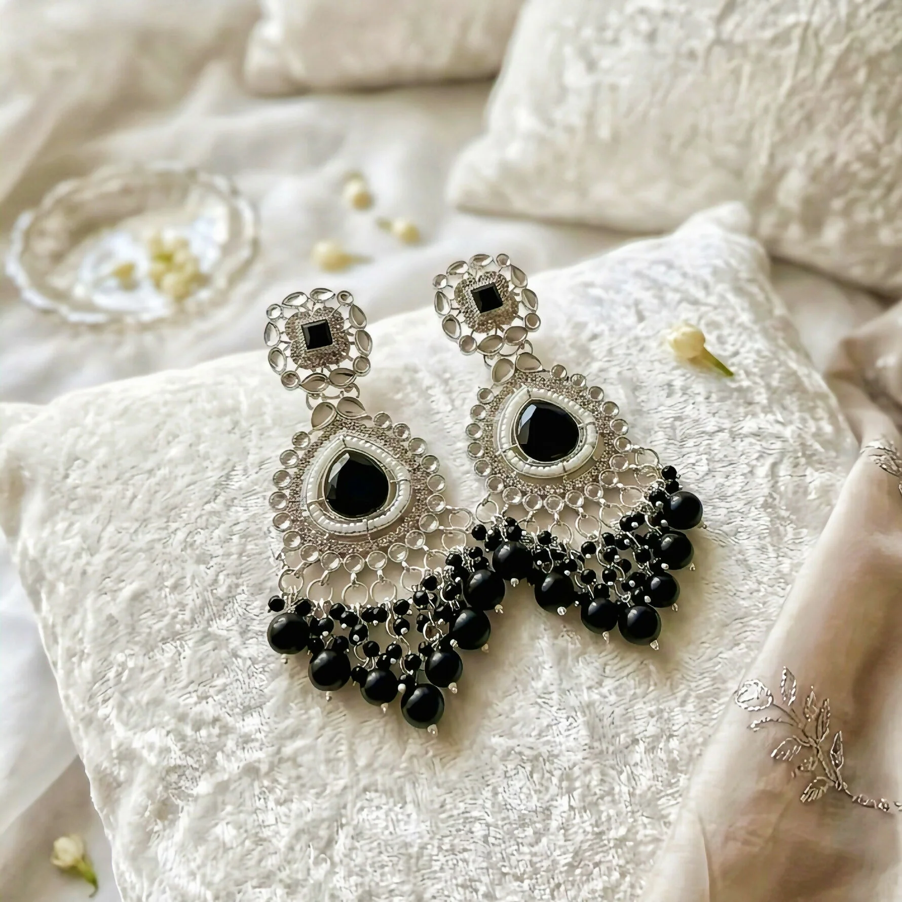 Elegant Oxidized Silver & Black Stone Chandbali Earrings - Image 2