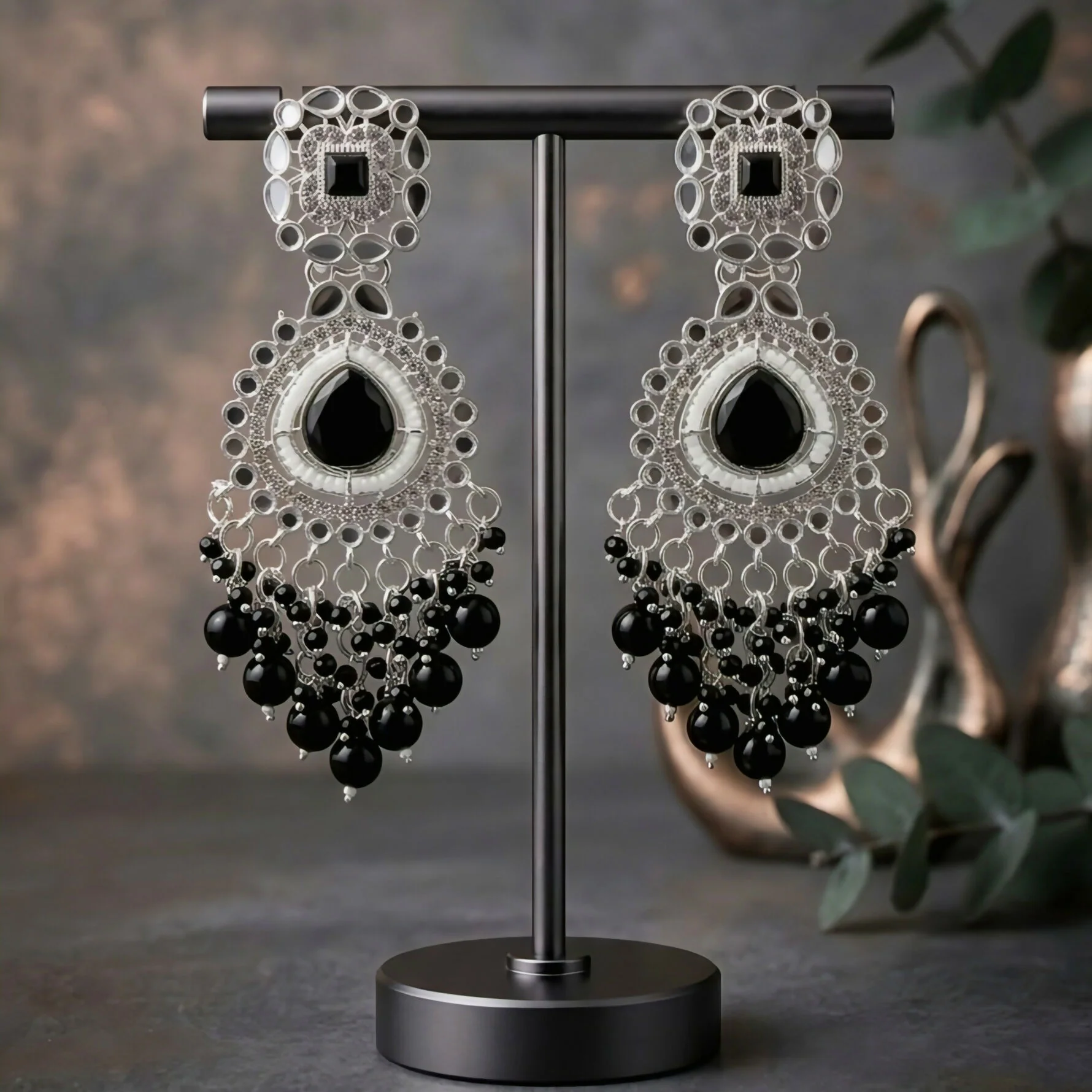 Elegant Oxidized Silver & Black Stone Chandbali Earrings - Image 3