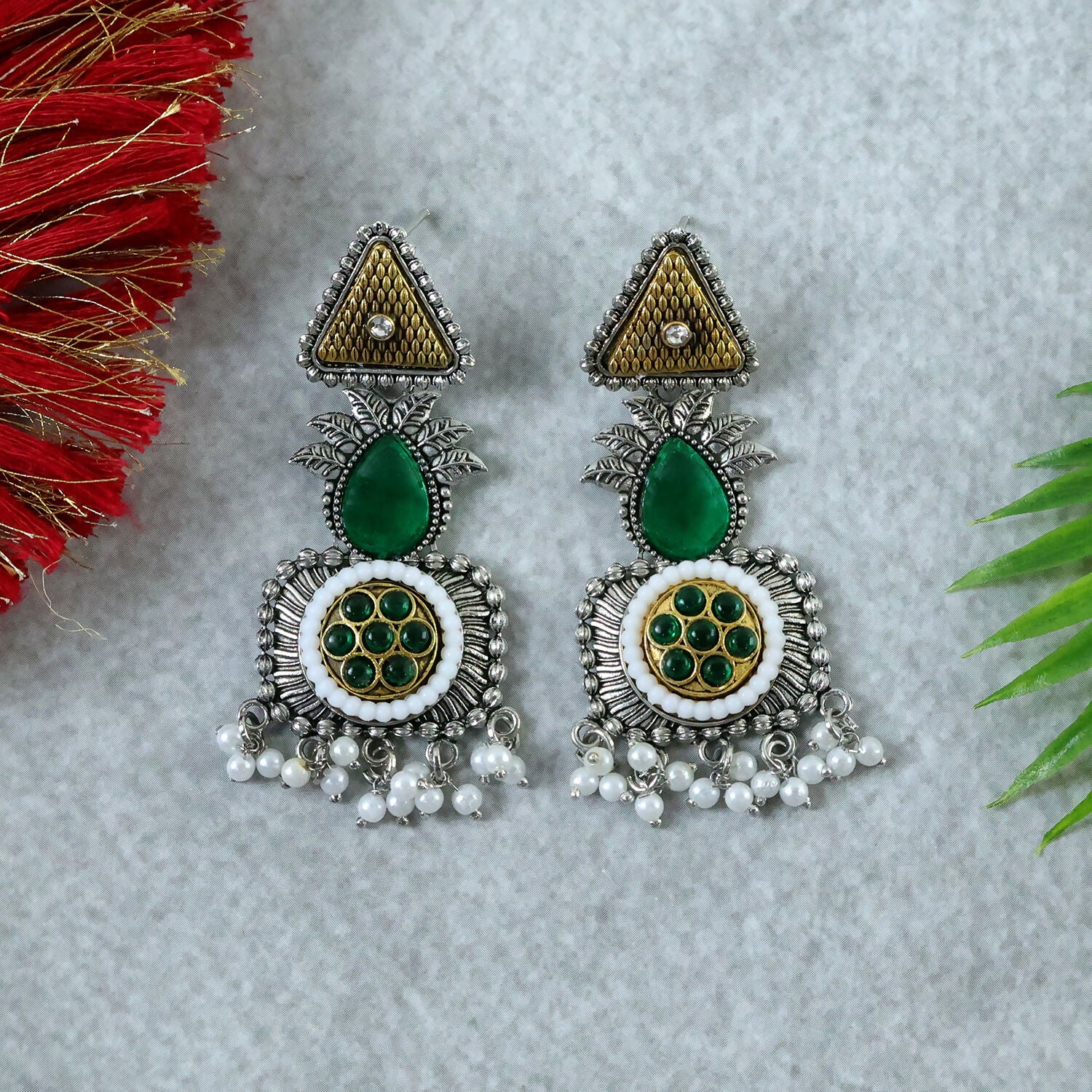 Elegant Oxidized Silver Earrings with Green Stone & Pearl Drop Fringe - Image 2