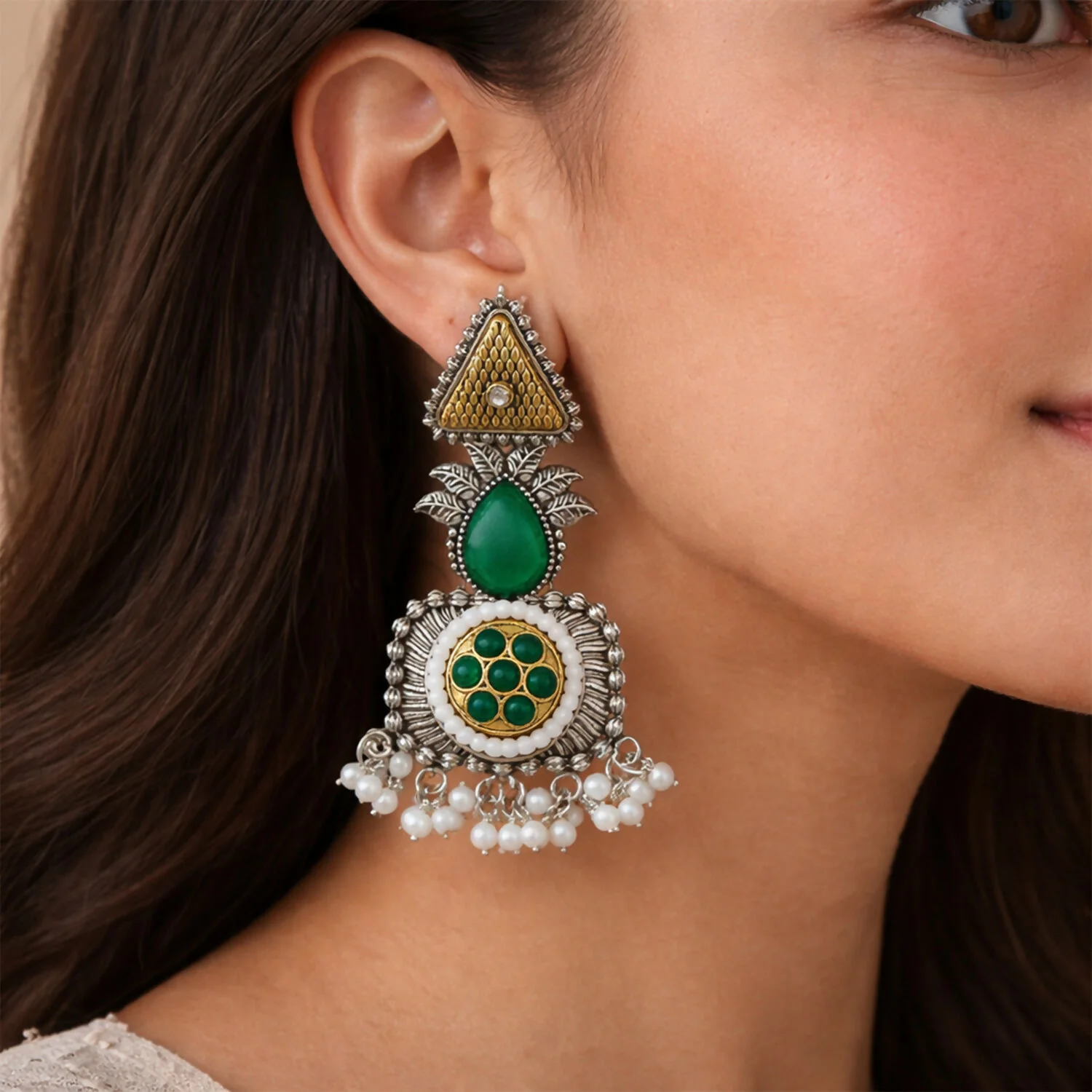 Elegant Oxidized Silver Earrings with Green Stone & Pearl Drop Fringe - Image 3