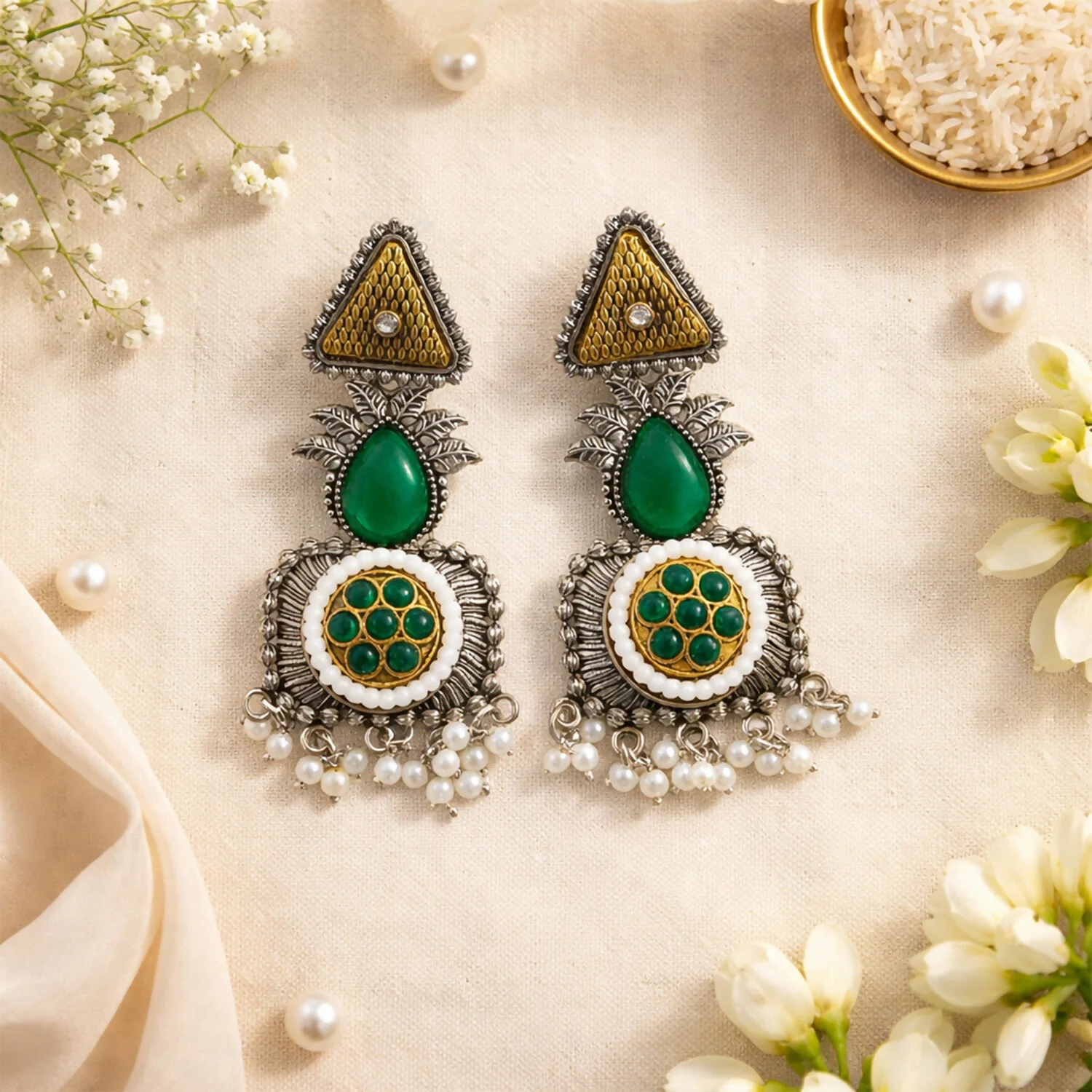 Elegant Oxidized Silver Earrings with Green Stone & Pearl Drop Fringe - Image 4