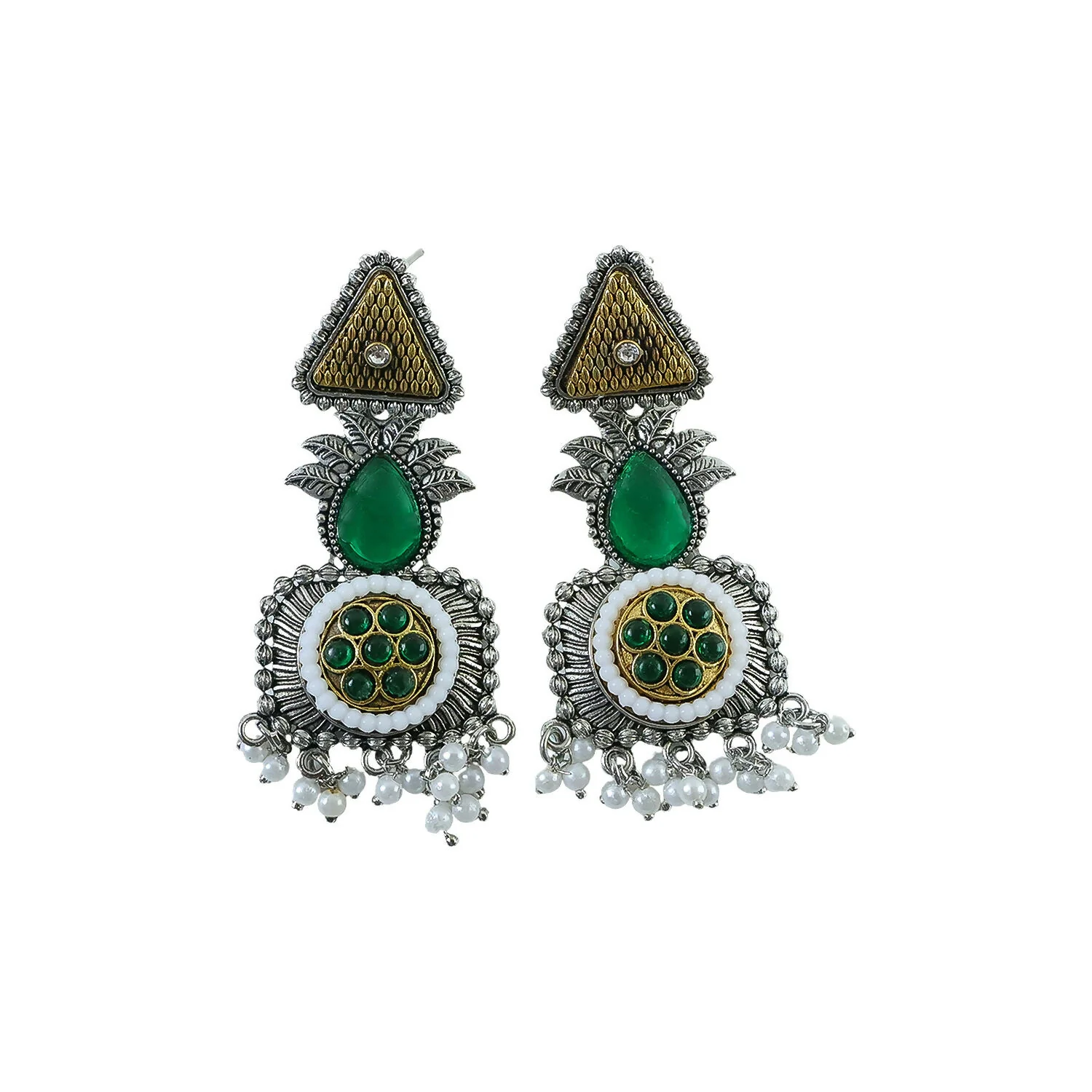 Elegant Oxidized Silver Earrings with Green Stone & Pearl Drop Fringe - Image 5