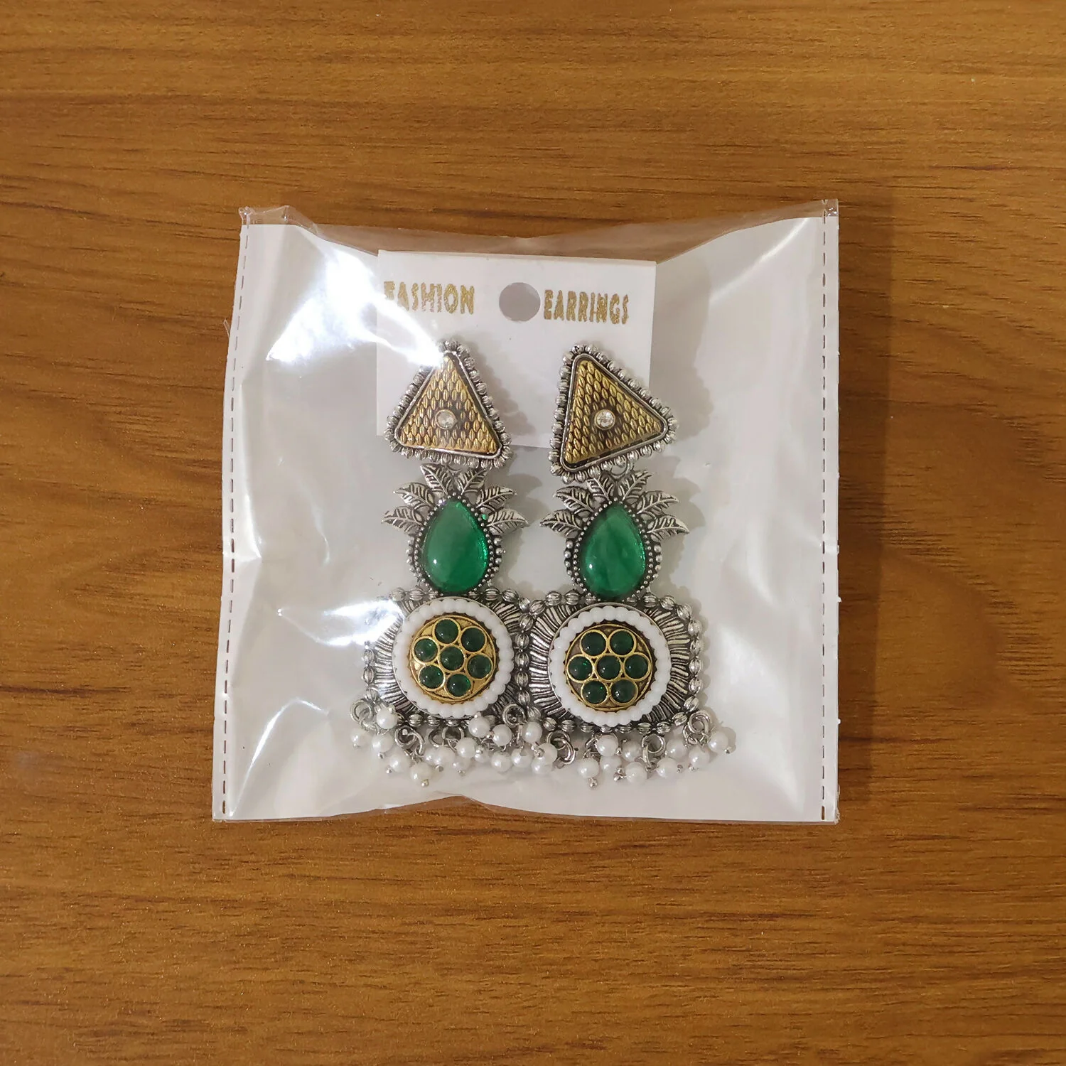 Elegant Oxidized Silver Earrings with Green Stone & Pearl Drop Fringe - Image 6