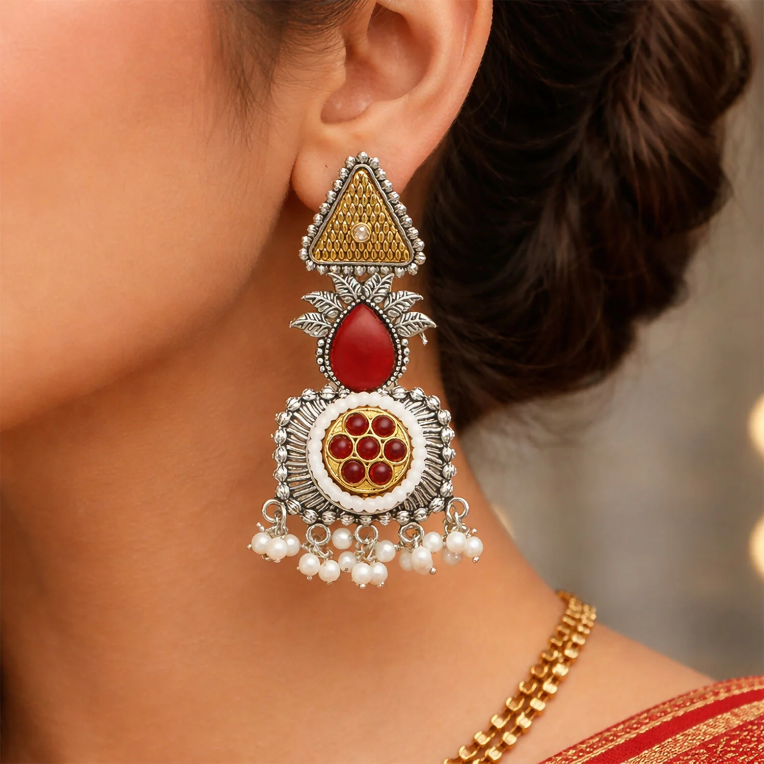 Elegant Oxidized Silver Statement Earrings with Dual Tone Accents & Pearl Drops - Image 2