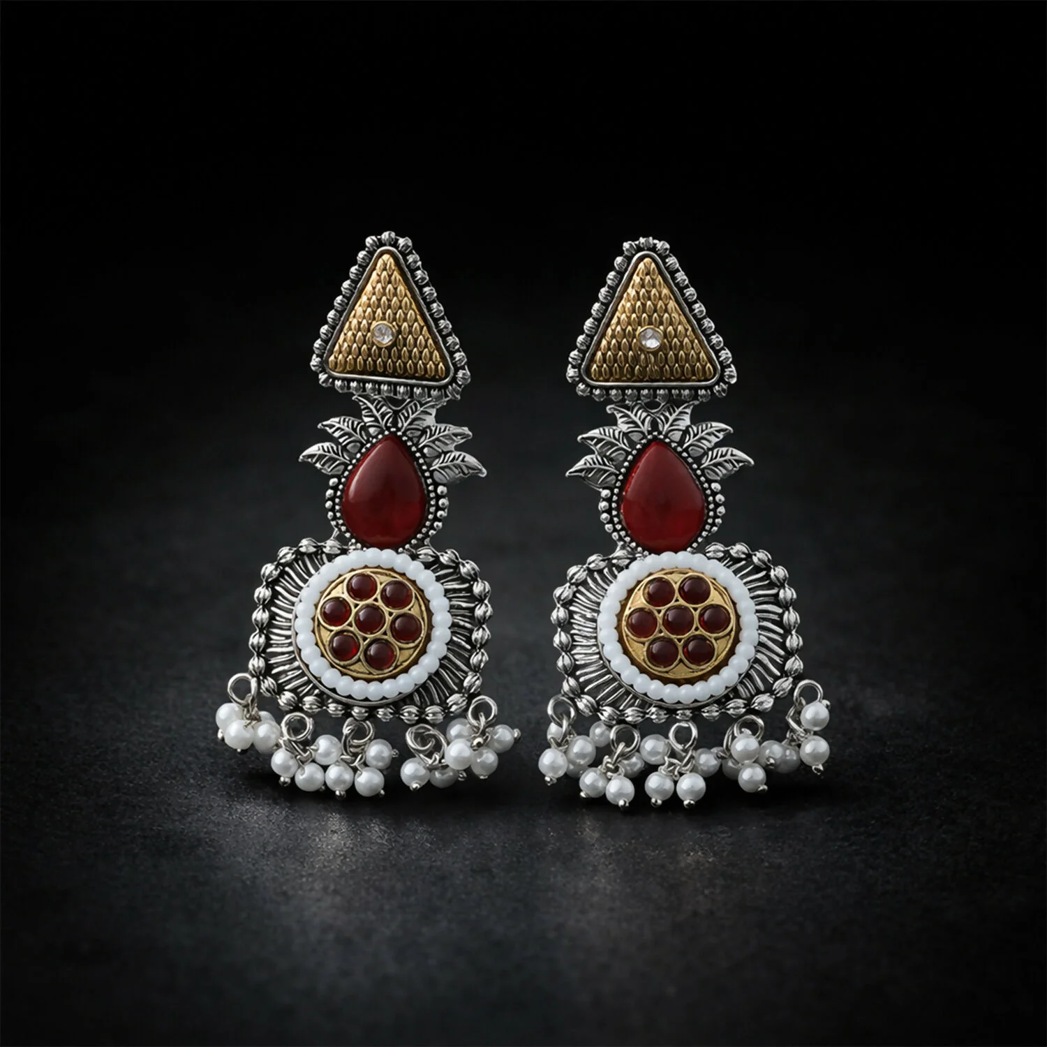 Elegant Oxidized Silver Statement Earrings with Dual Tone Accents & Pearl Drops - Image 3