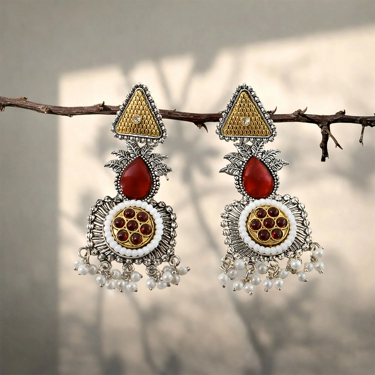 Elegant Oxidized Silver Statement Earrings with Dual Tone Accents & Pearl Drops - Image 4