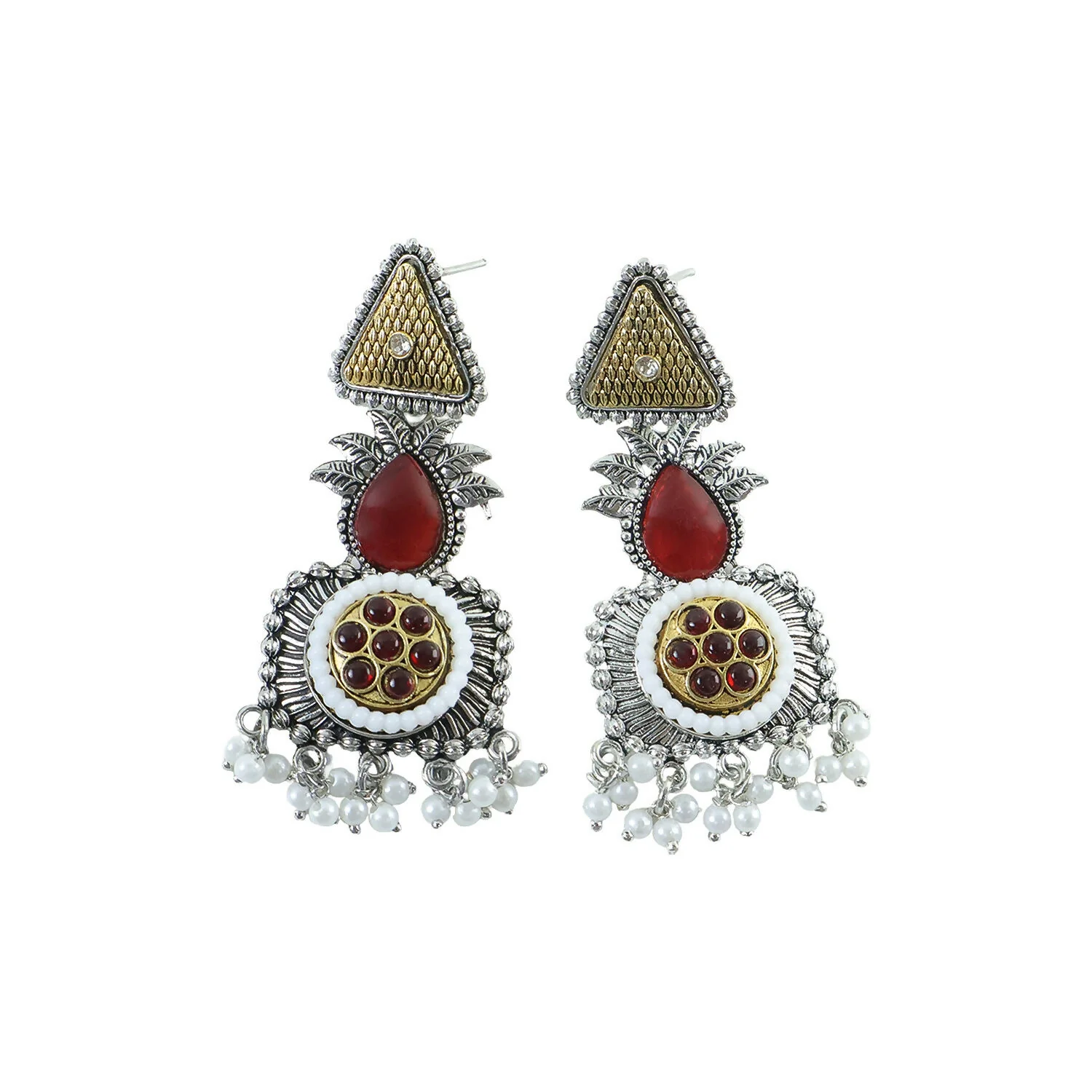 Elegant Oxidized Silver Statement Earrings with Dual Tone Accents & Pearl Drops - Image 5