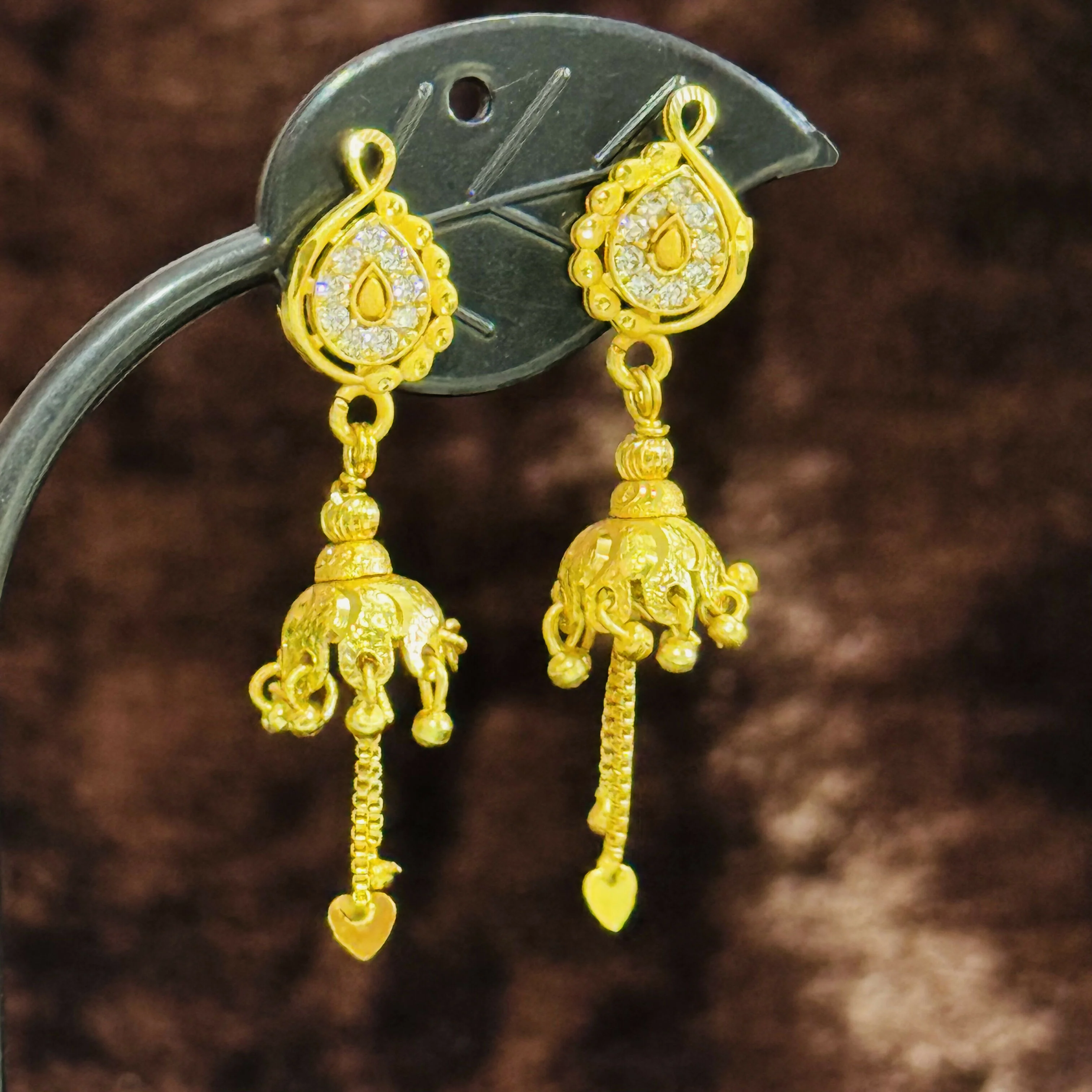 Elegant Paisley Stud Jhumka Earrings with Chain Drops - Image 2