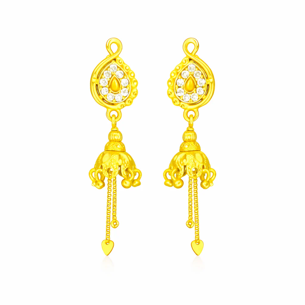 Elegant Paisley Stud Jhumka Earrings with Chain Drops - Image 3