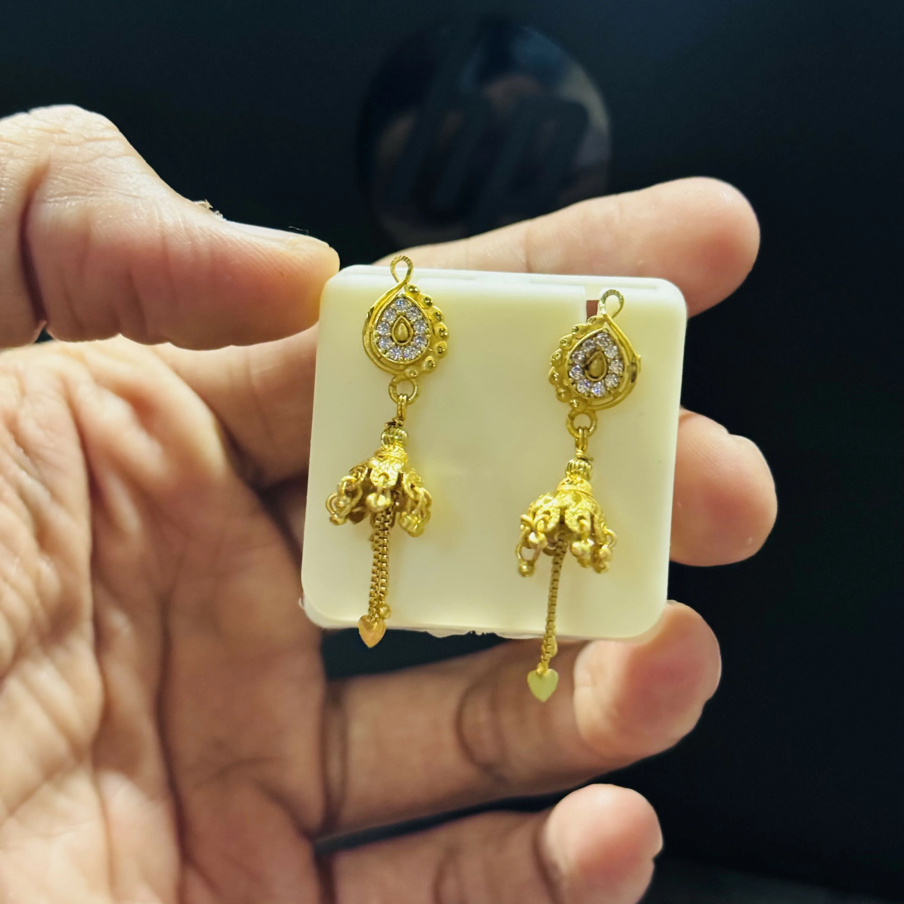 Elegant Paisley Stud Jhumka Earrings with Chain Drops - Image 5
