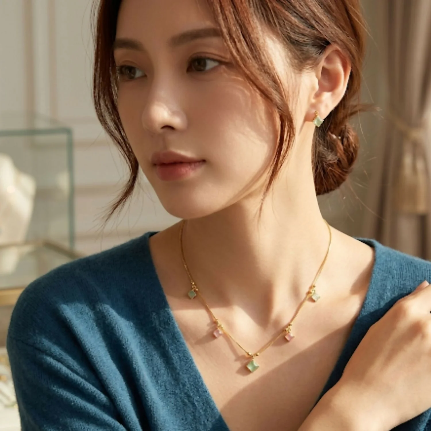 Elegant Pastel Gemstone Station Necklace - Image 2