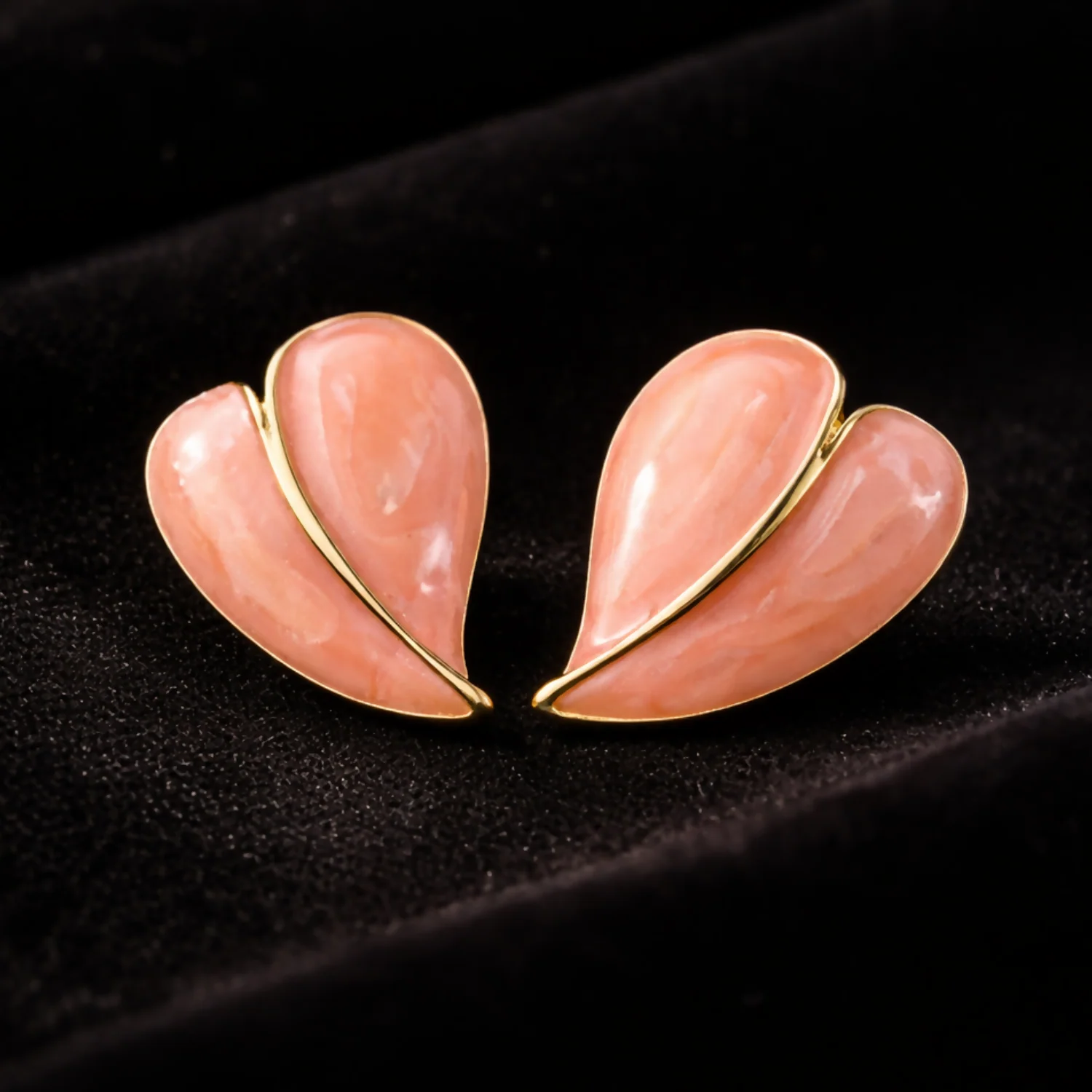 Elegant Peach Glossy Leaf Design Stud Earrings with Gold Finish for Women - Image 4