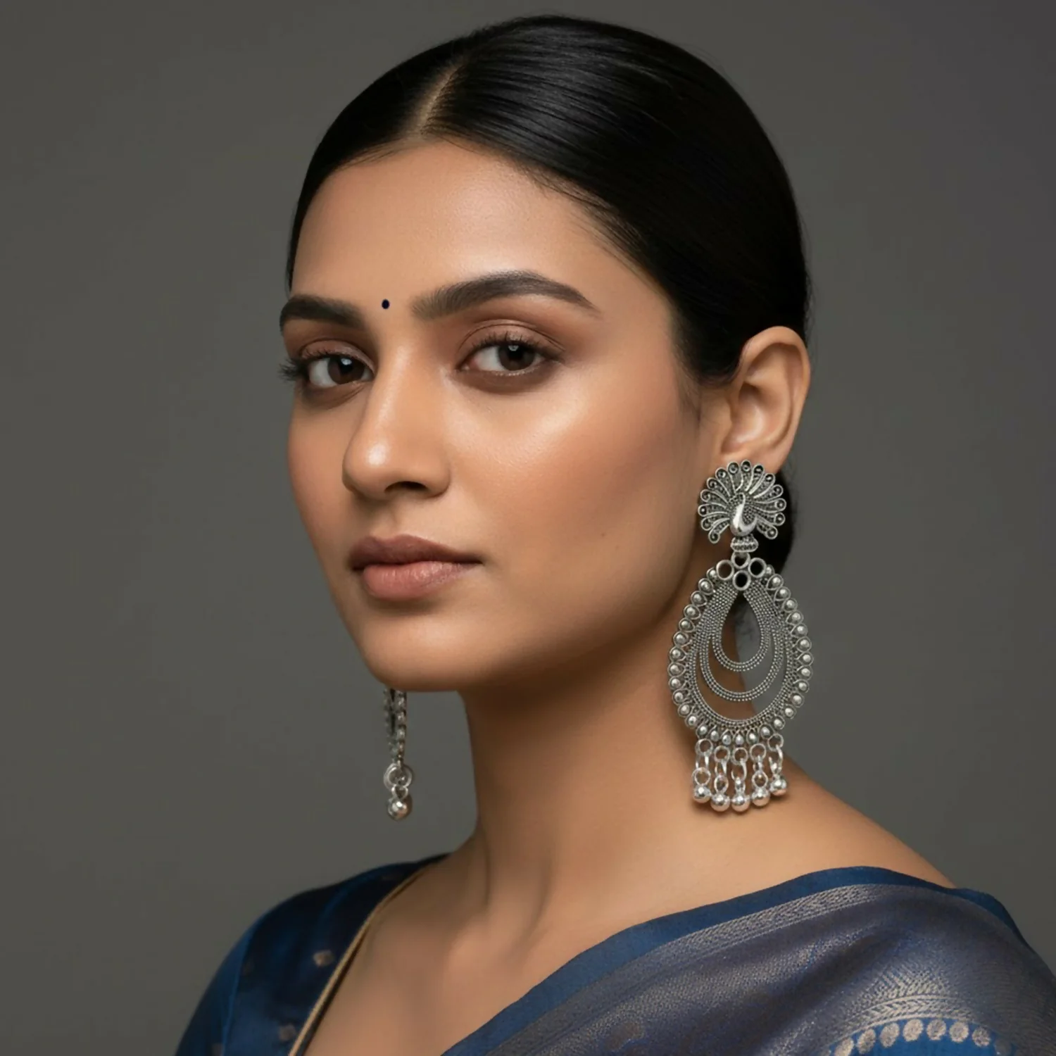 Elegant Peacock Inspired Silver Finish Jhumka Earings - Image 2