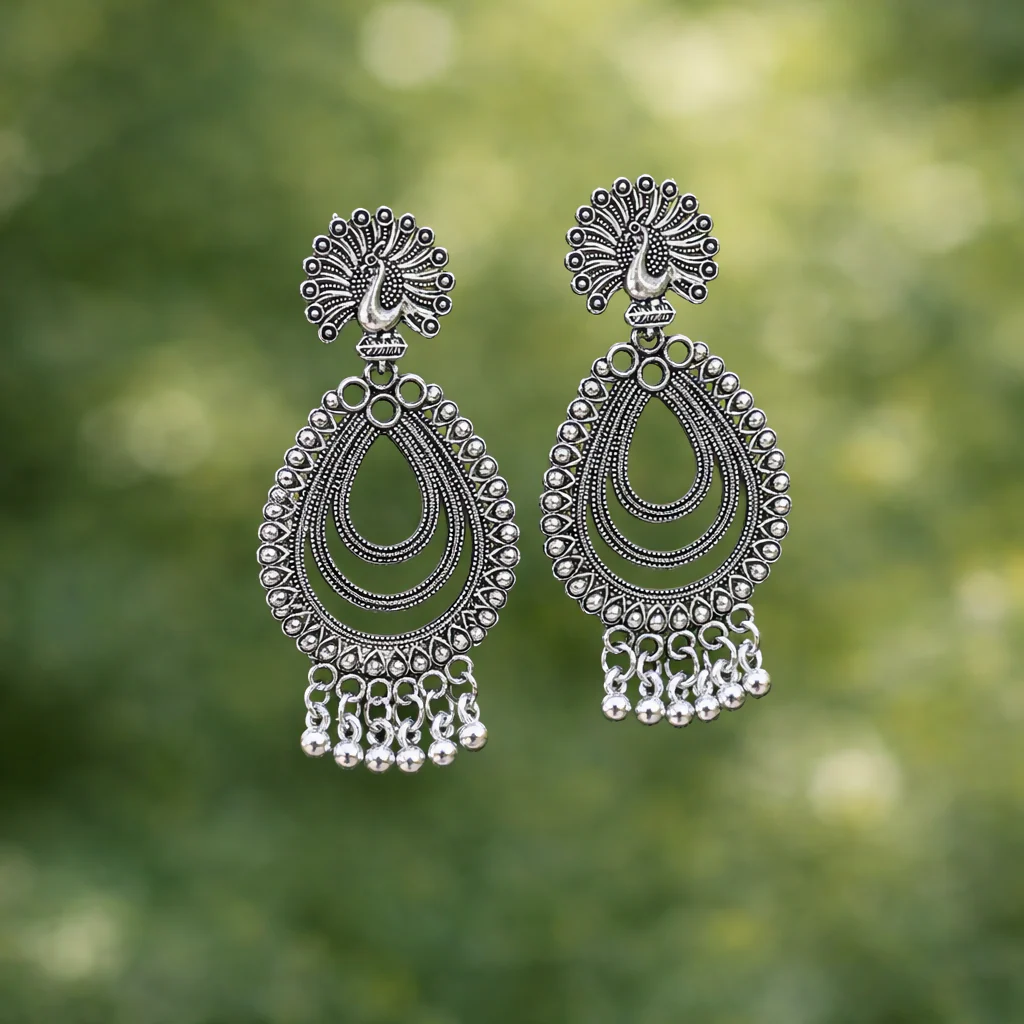 Elegant Peacock Inspired Silver Finish Jhumka Earings - Image 3