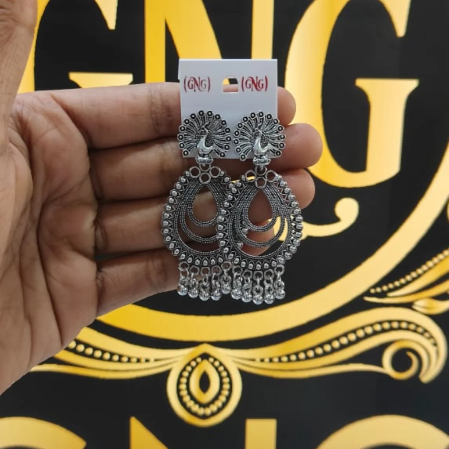 Elegant Peacock Inspired Silver Finish Jhumka Earings - Image 4