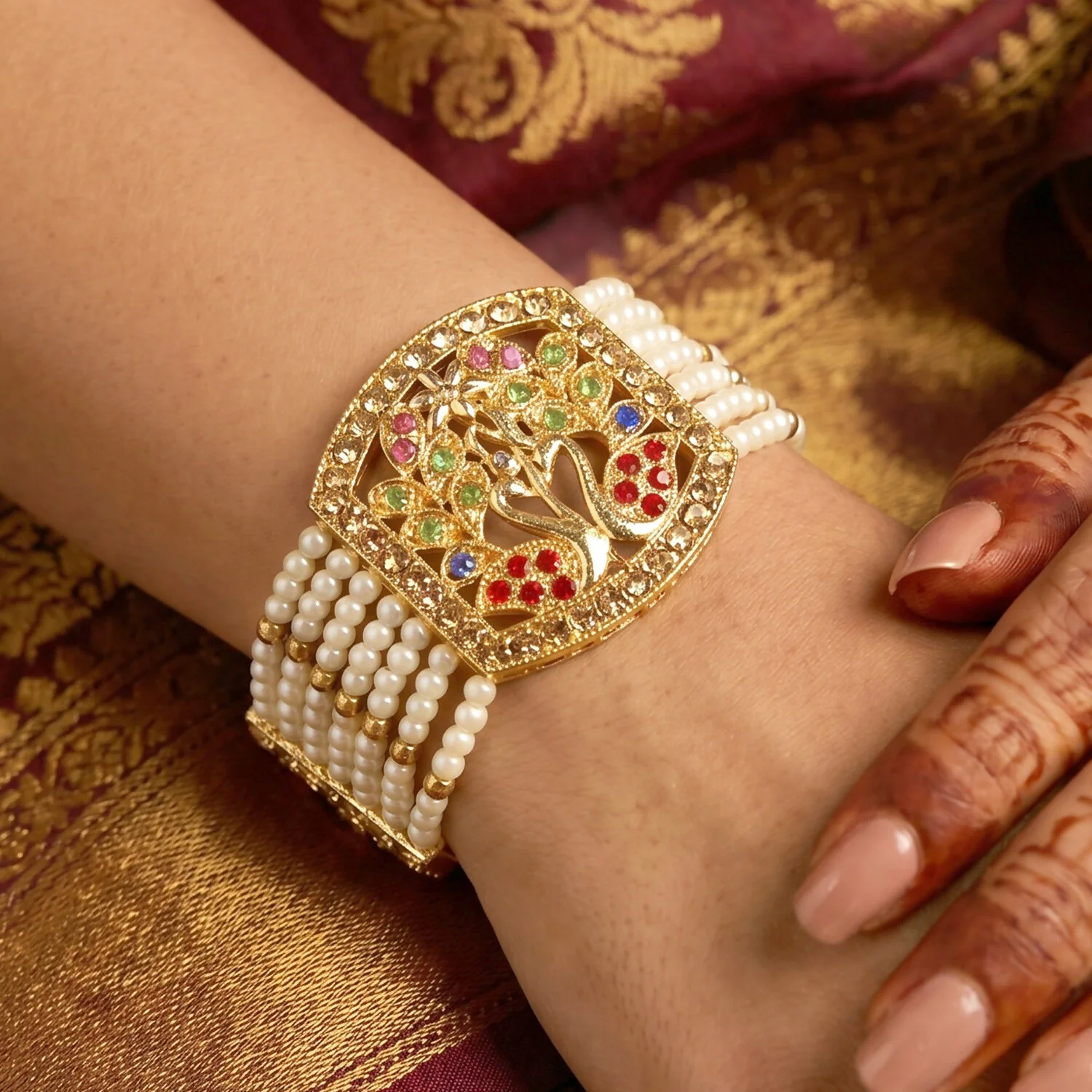 Elegant Pearl and Stone Encrusted Bridal Bracelet with Floral Design - Image 2