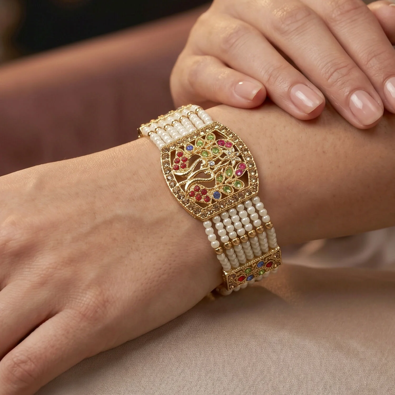 Elegant Pearl and Stone Encrusted Bridal Bracelet with Floral Design - Image 3