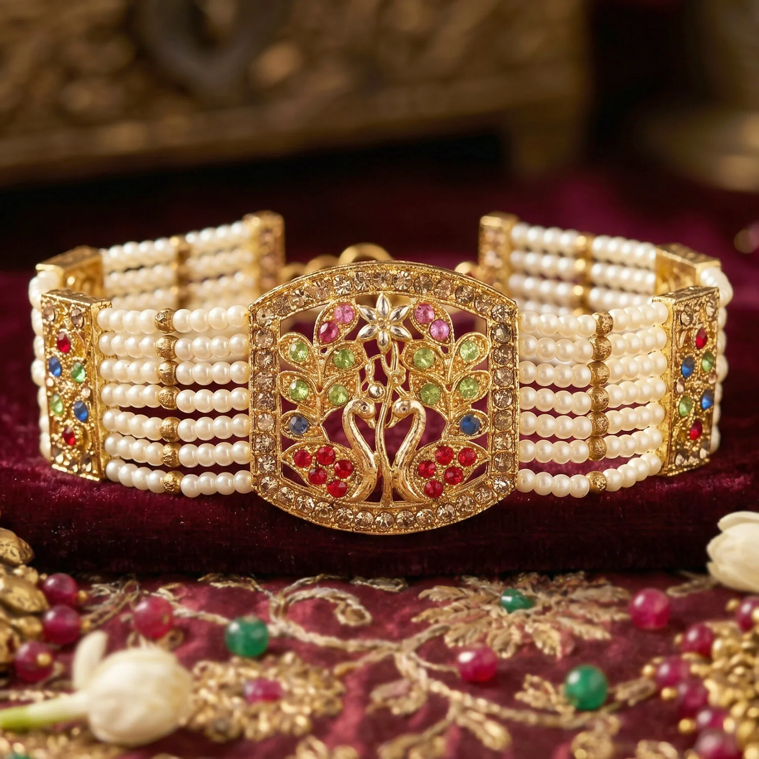 Elegant Pearl and Stone Encrusted Bridal Bracelet with Floral Design - Image 4