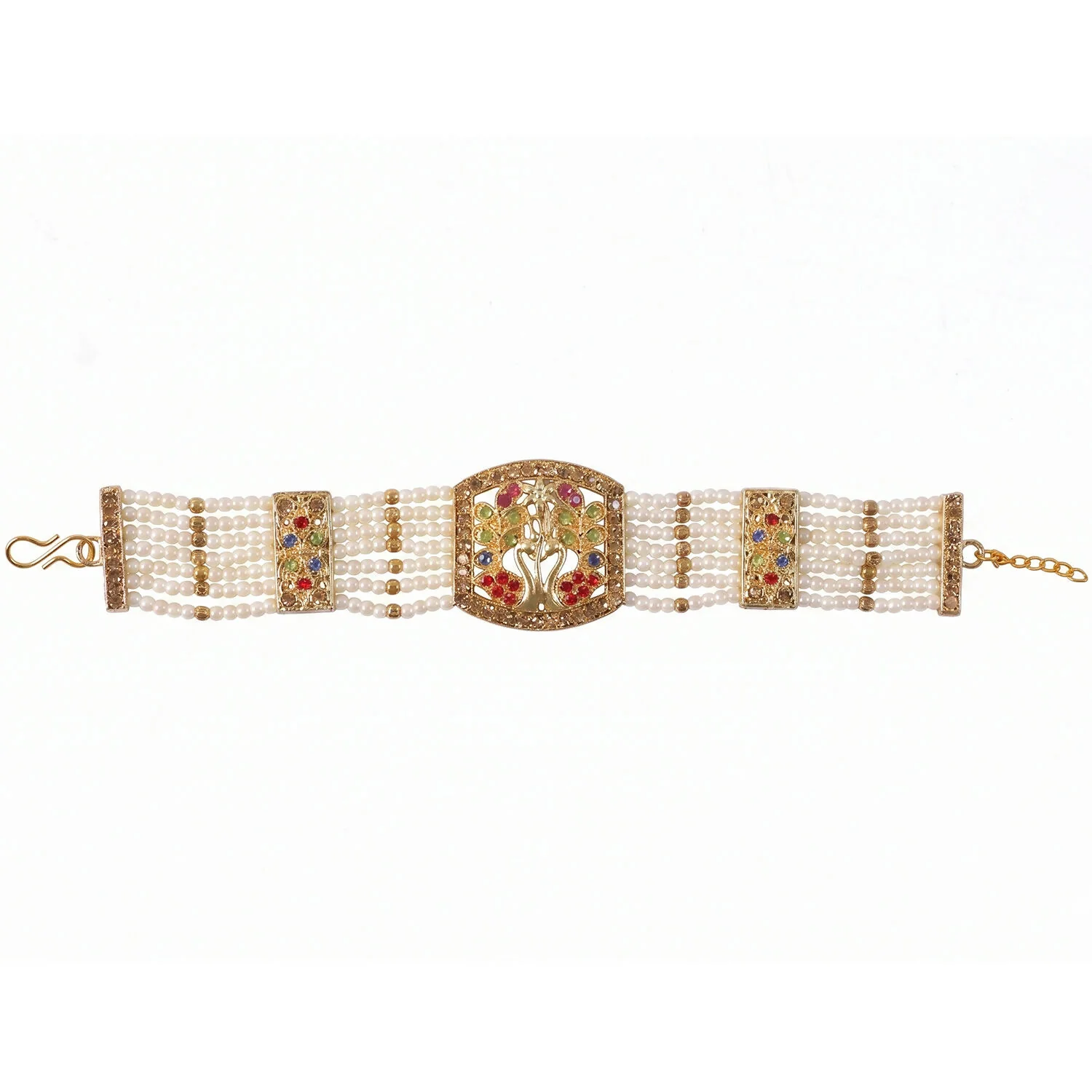 Elegant Pearl and Stone Encrusted Bridal Bracelet with Floral Design - Image 6