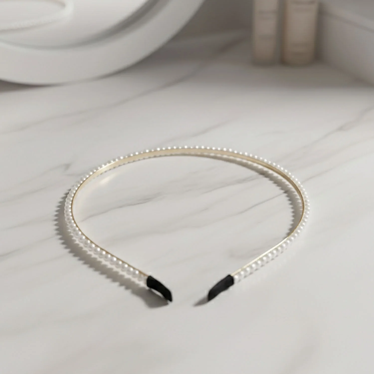 Elegant Pearl Beaded Slim Golden Metal Hair Band (1 Pc) - Image 5