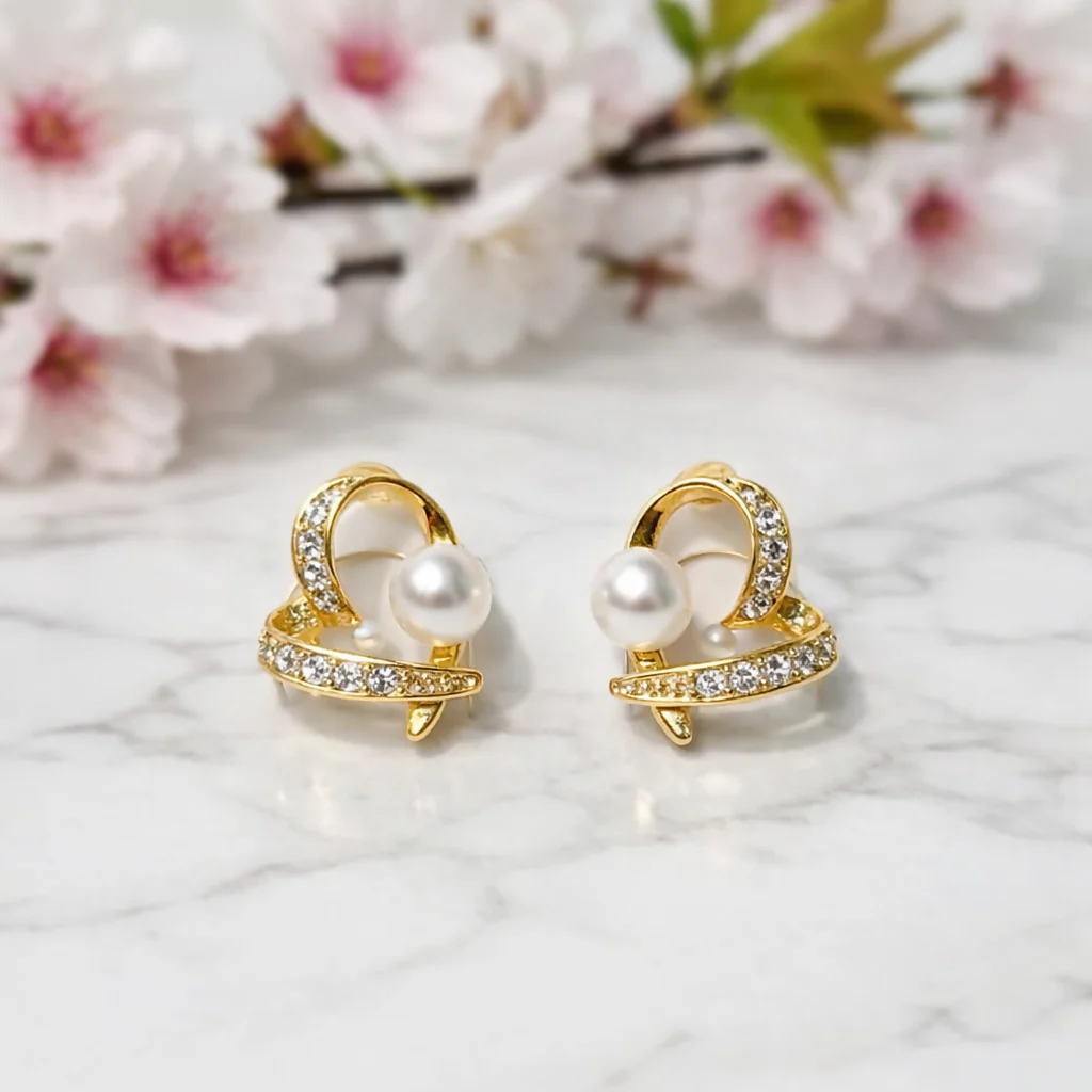 Elegant Pearl & Crystal Heart Design Stud Earrings for Women - Image 7